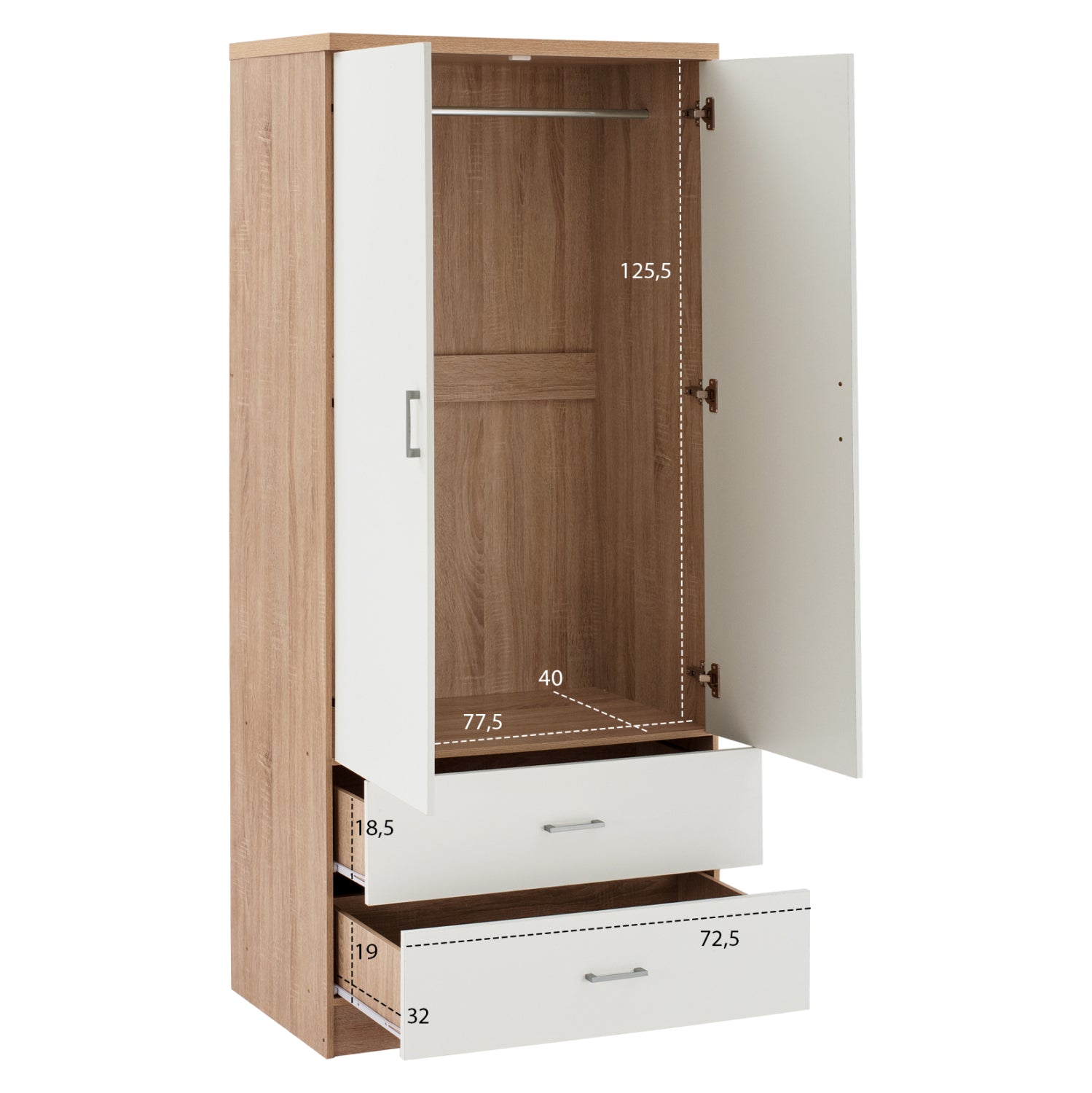 Гардероб с 2 врати и 2 чекмеджета Sonama-бял 80x42,5Х180,5Y cm.