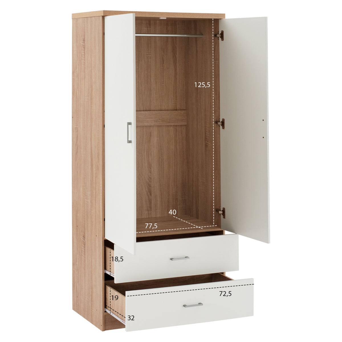 Гардероб с 2 врати и 2 чекмеджета Sonama-бял 80x42,5Х180,5Y cm.