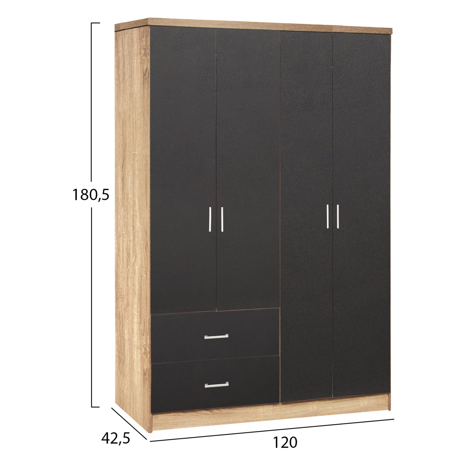 Гардероб с 4 врати и 2 чекмеджета Sonama-Сиво 120x42x181cm
