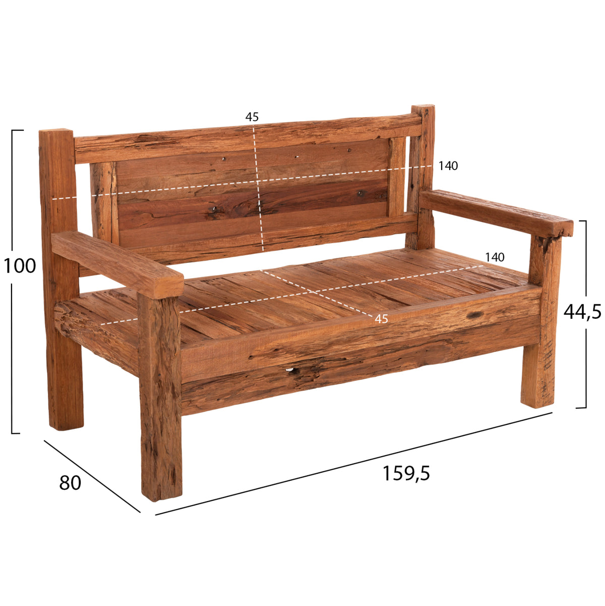 Пейка за трима THREEWAY рециклирана смесена дървесина 159.5x80x100Hсм.