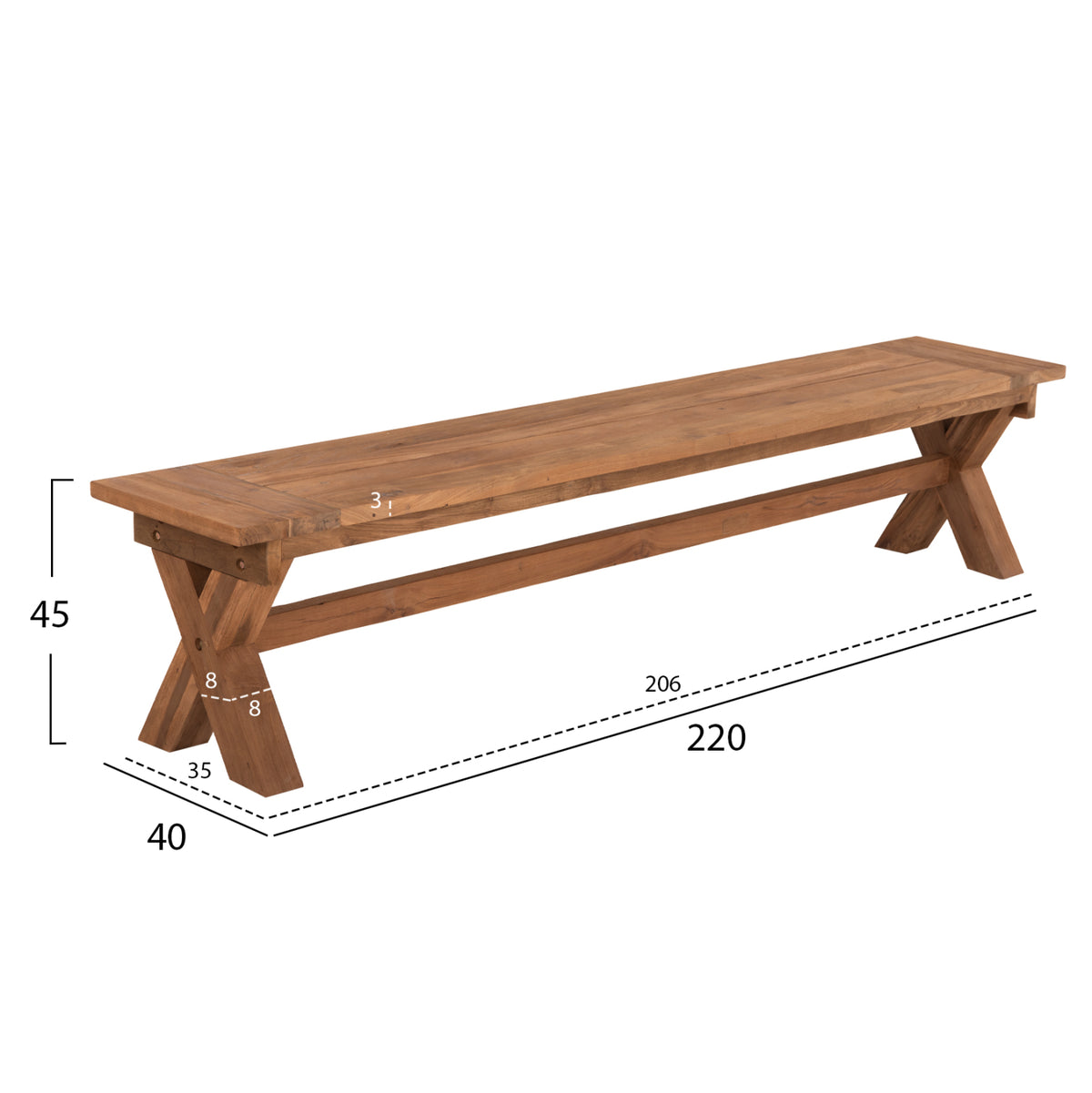 Външна пейка от рециклирана тиково дърво в естествен цвят 220x40x45Hcm.