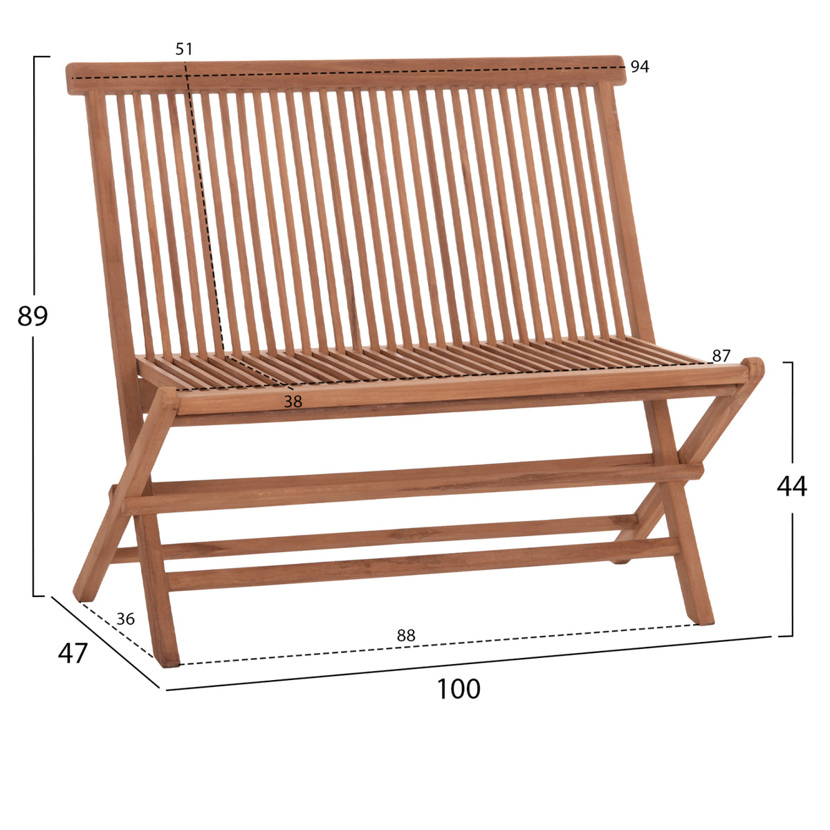 Пейка KENDALL сгъваема от тиково дърво в естествен цвят 100x47x89Hсм.