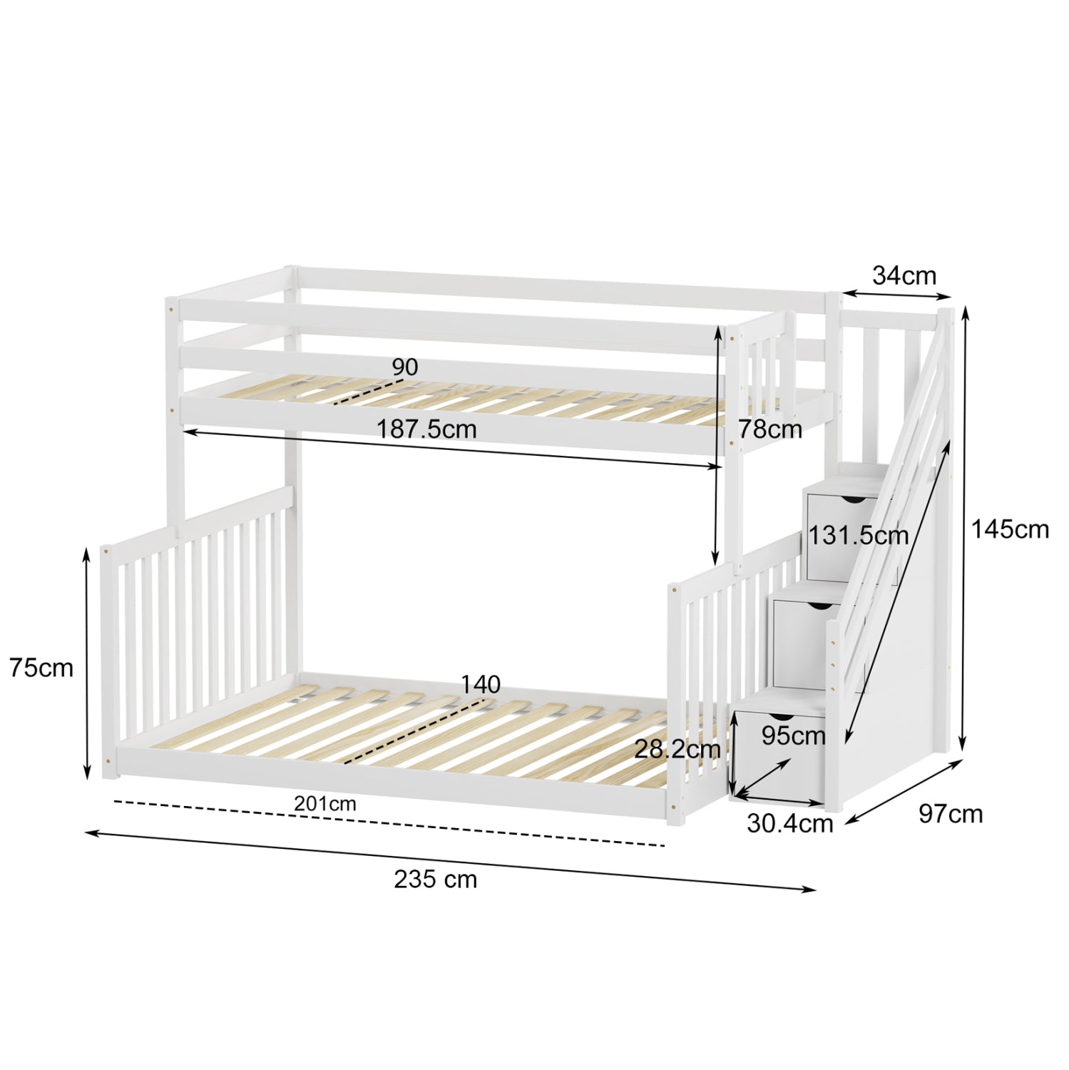Детско двуетажно легло t.MONTESSORI BEAMER борова дървесина в бяло - матраци 90-140x190cm.