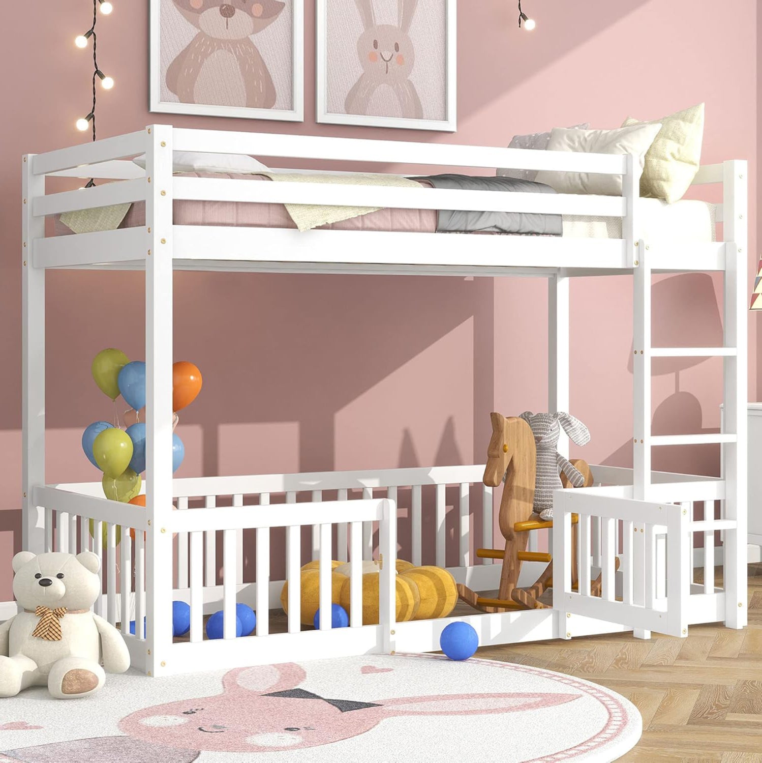 Детско двуетажно легло Montessori Playkid с детска площадка бор бял за матрак 190x90 см.