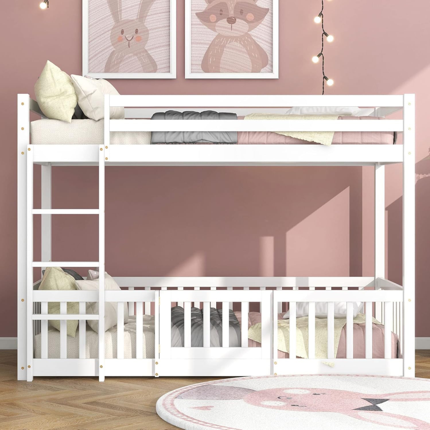 Детско двуетажно легло Montessori Playkid с детска площадка бор бял за матрак 190x90 см.
