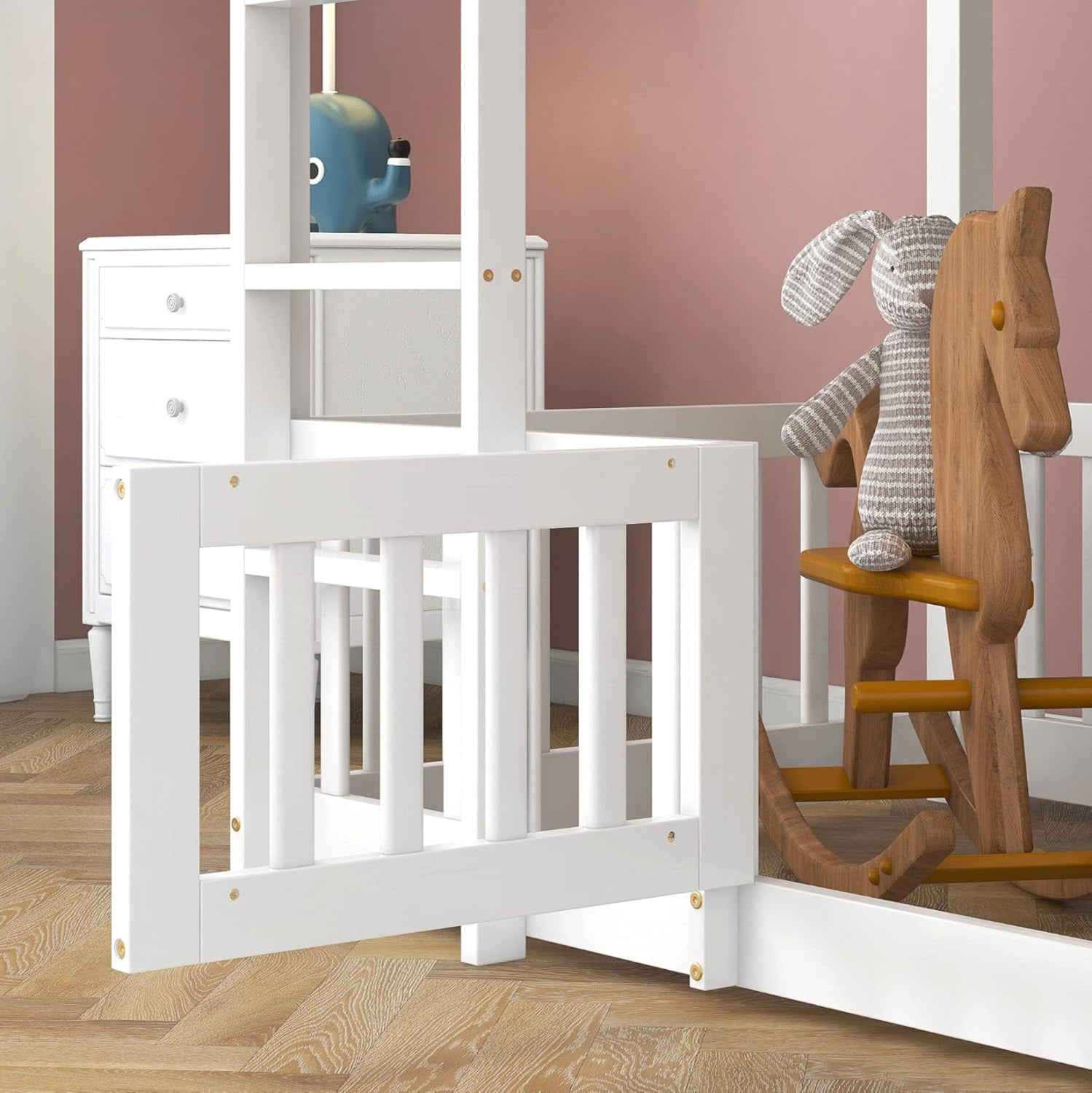 Детско двуетажно легло Montessori Playkid с детска площадка бор бял за матрак 190x90 см.