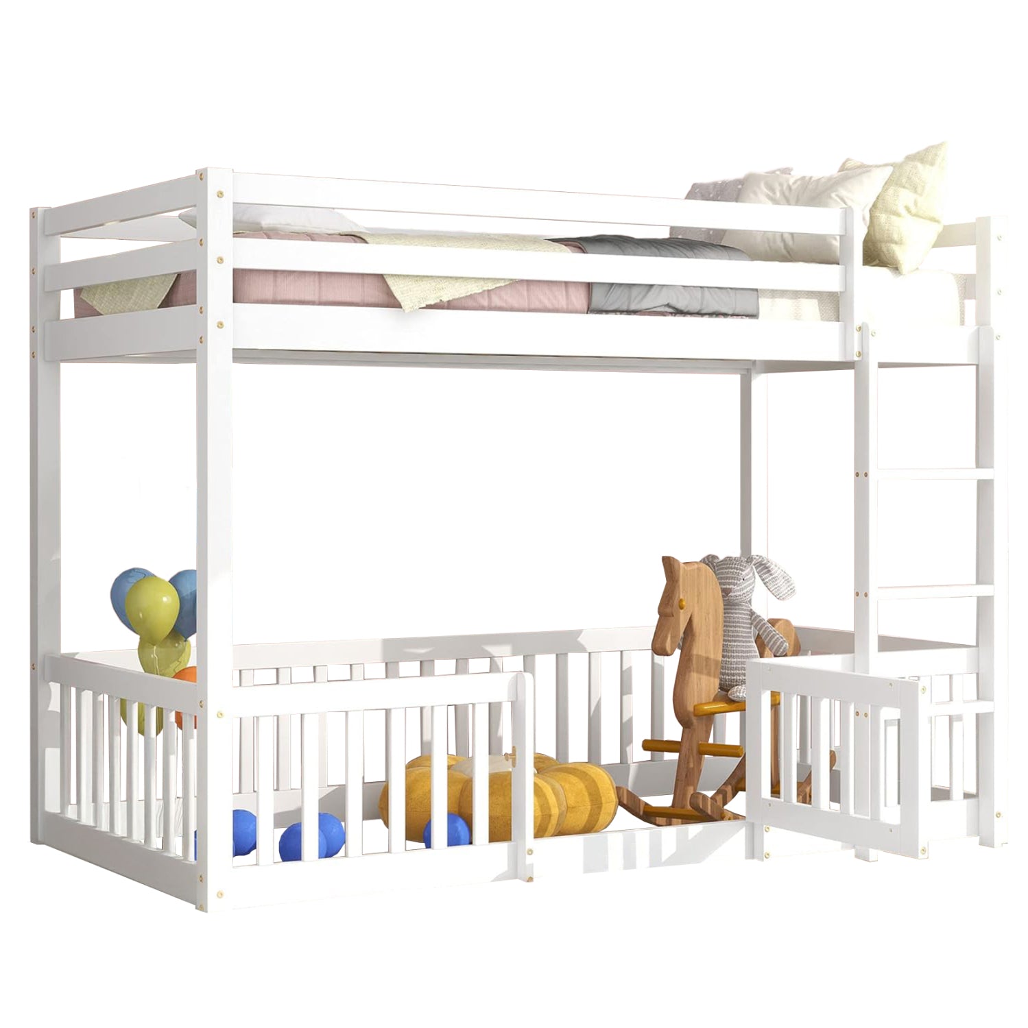 Детско двуетажно легло Montessori Playkid с детска площадка бор бял за матрак 190x90 см.