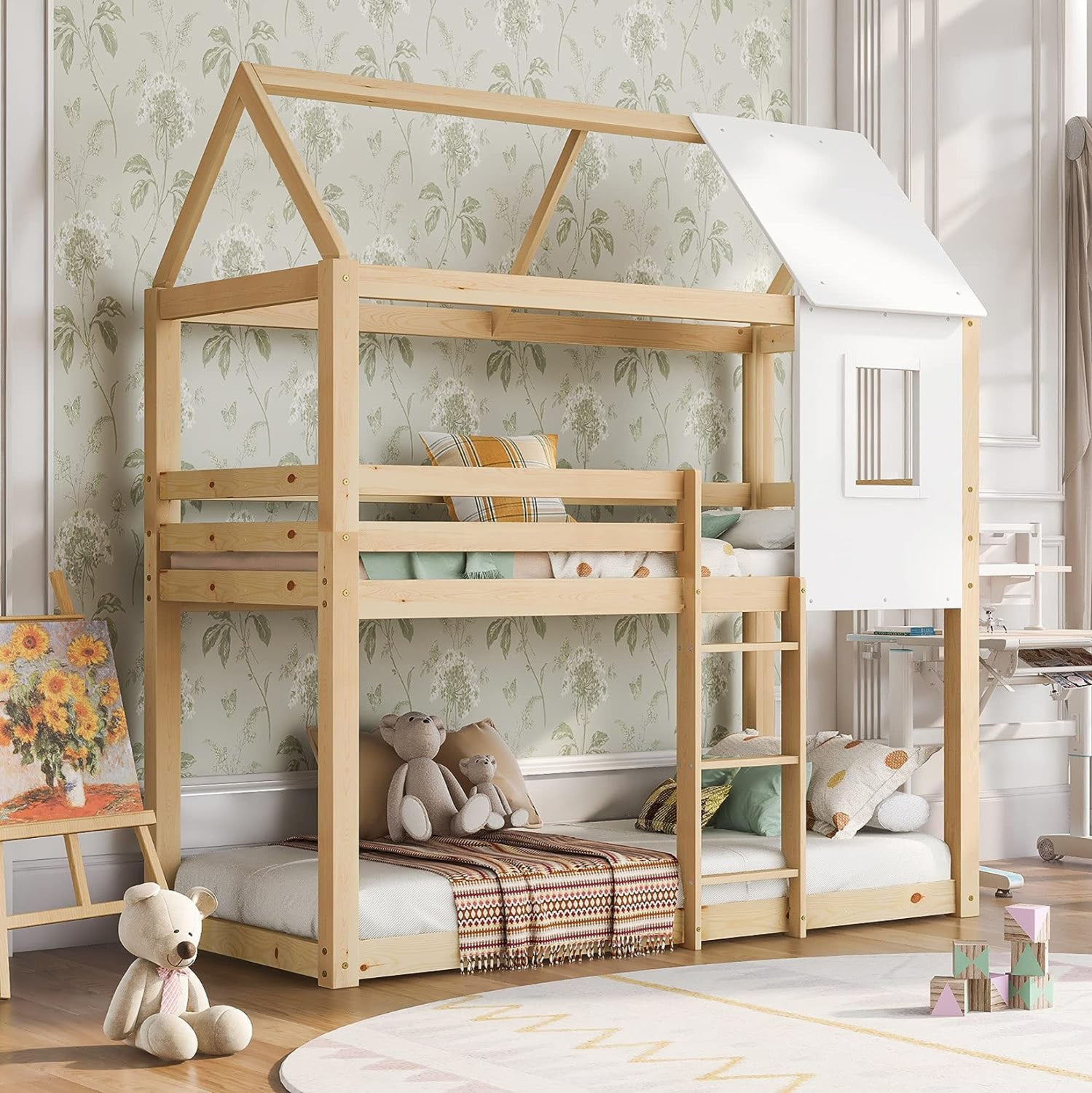 Детско двуетажно легло Montessori Hood бор естествен за матрак 190x90 см.