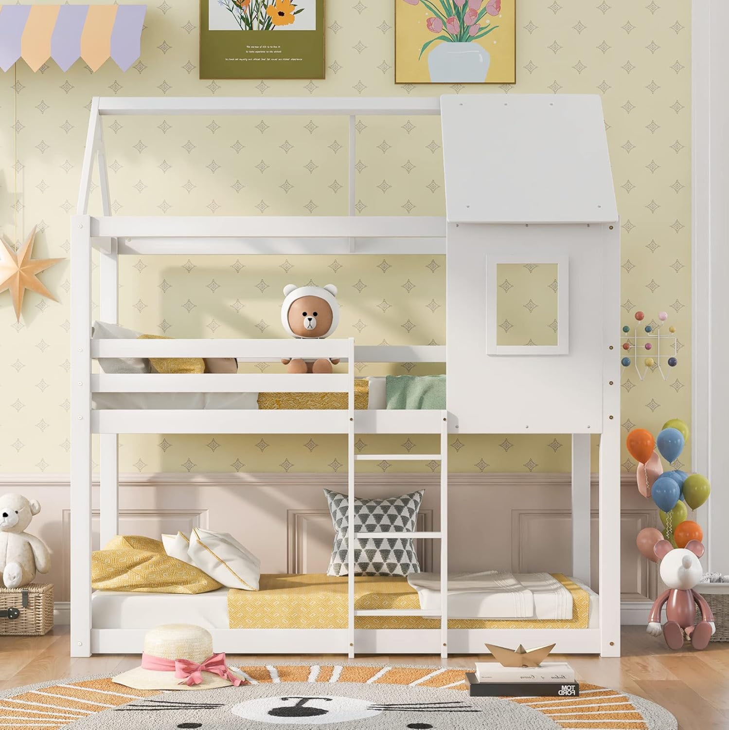 Детско двуетажно легло t.MONTESSORI HOOD от борова дървесина в бяло - матраци 190x90cm.