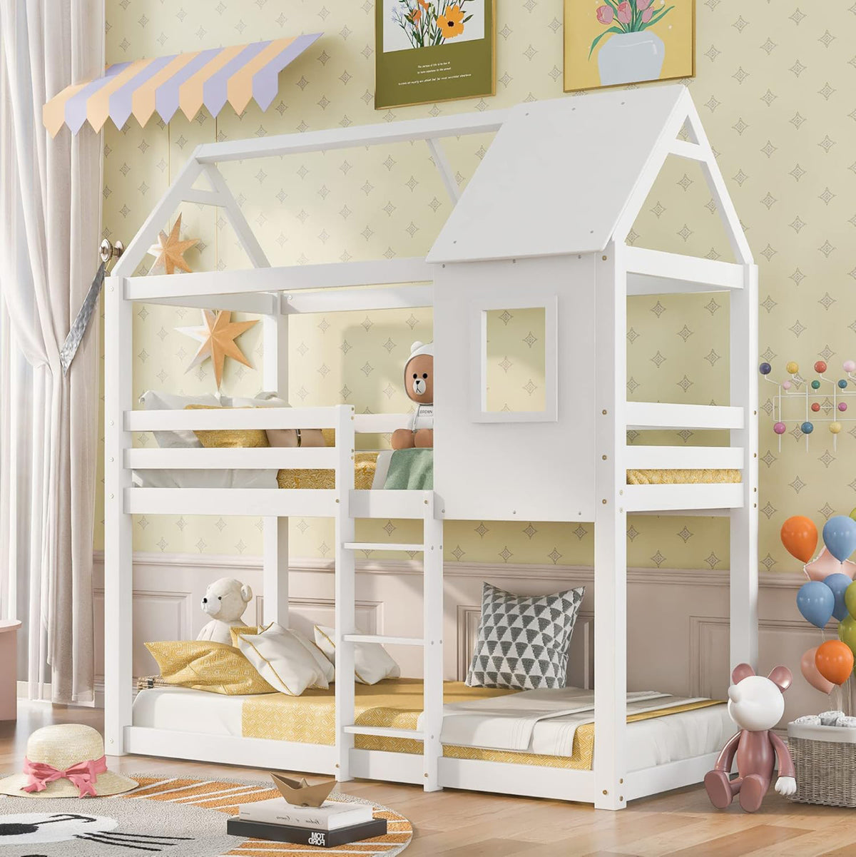 Детско двуетажно легло t.MONTESSORI HOOD от борова дървесина в бяло - матраци 190x90cm.