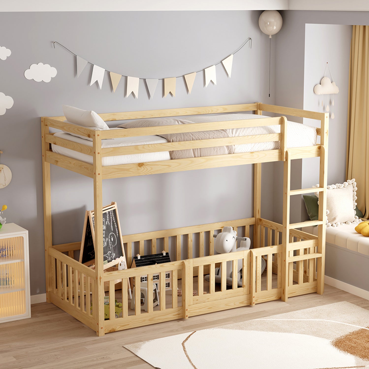 Детско двуетажно легло Montessori Playkid с детска площадка бор естествен за матрак 190x90 см.