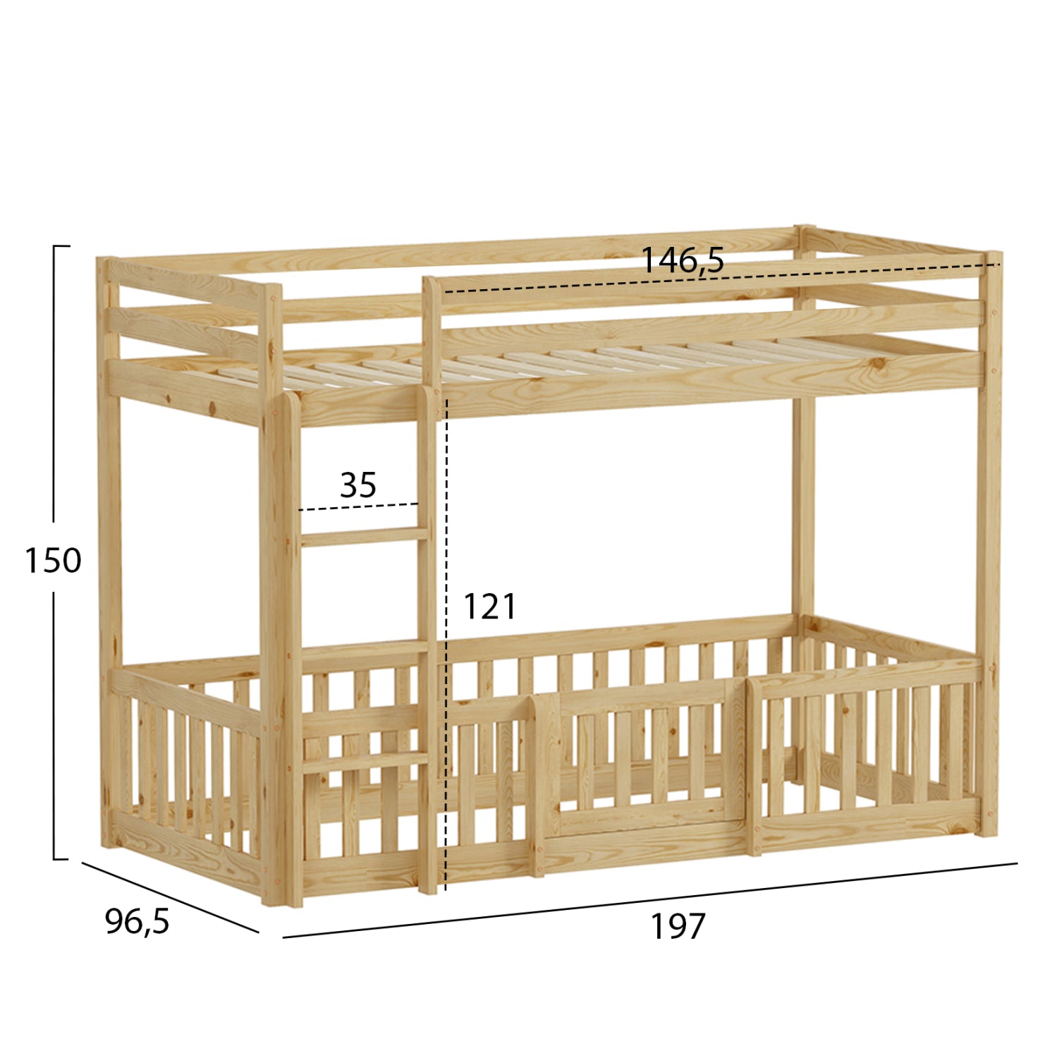 Детско двуетажно легло Montessori Playkid с детска площадка бор естествен за матрак 190x90 см.