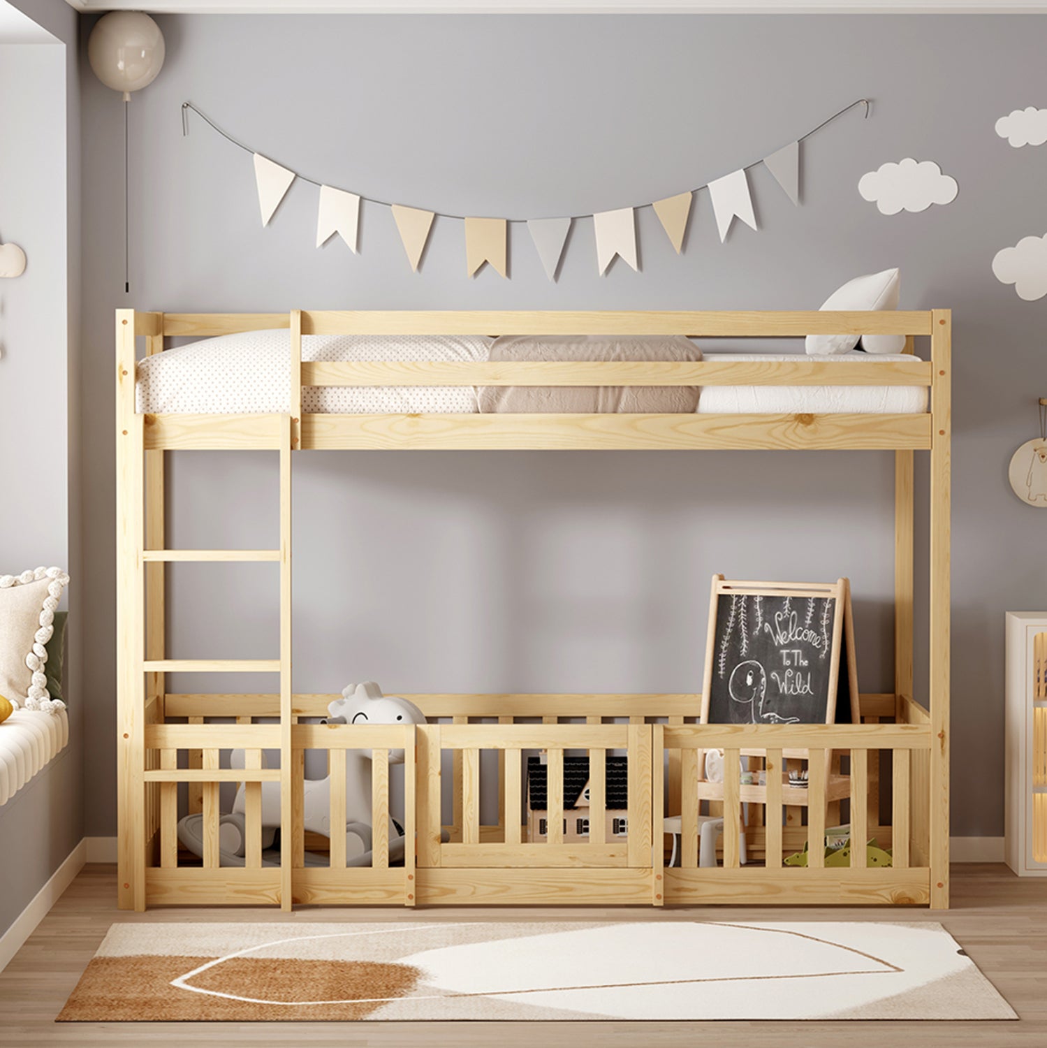 Детско двуетажно легло Montessori Playkid с детска площадка бор естествен за матрак 190x90 см.