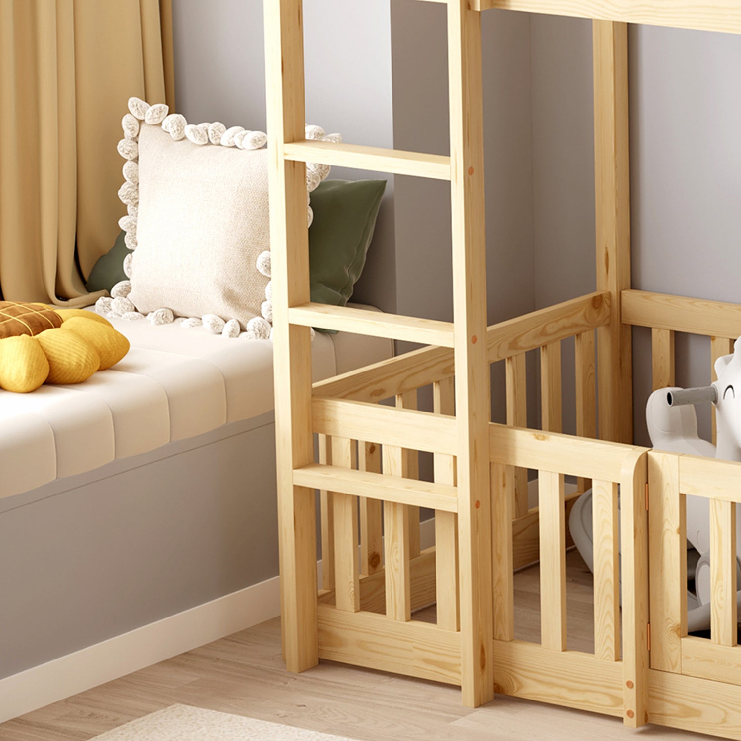 Детско двуетажно легло Montessori Playkid с детска площадка бор естествен за матрак 190x90 см.