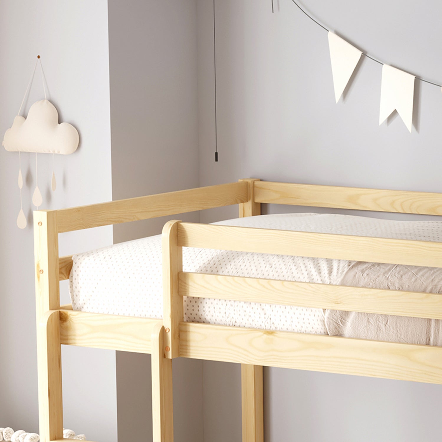 Детско двуетажно легло Montessori Playkid с детска площадка бор естествен за матрак 190x90 см.