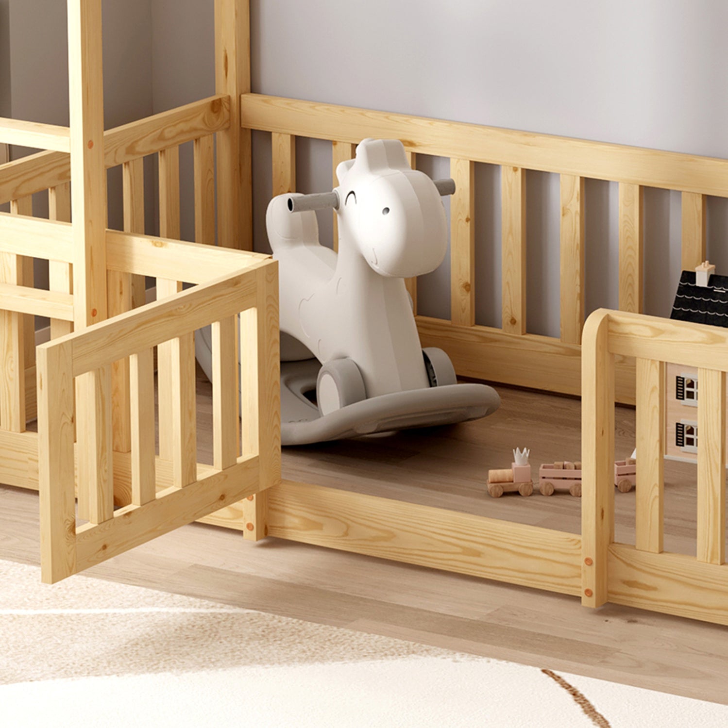 Детско двуетажно легло Montessori Playkid с детска площадка бор естествен за матрак 190x90 см.