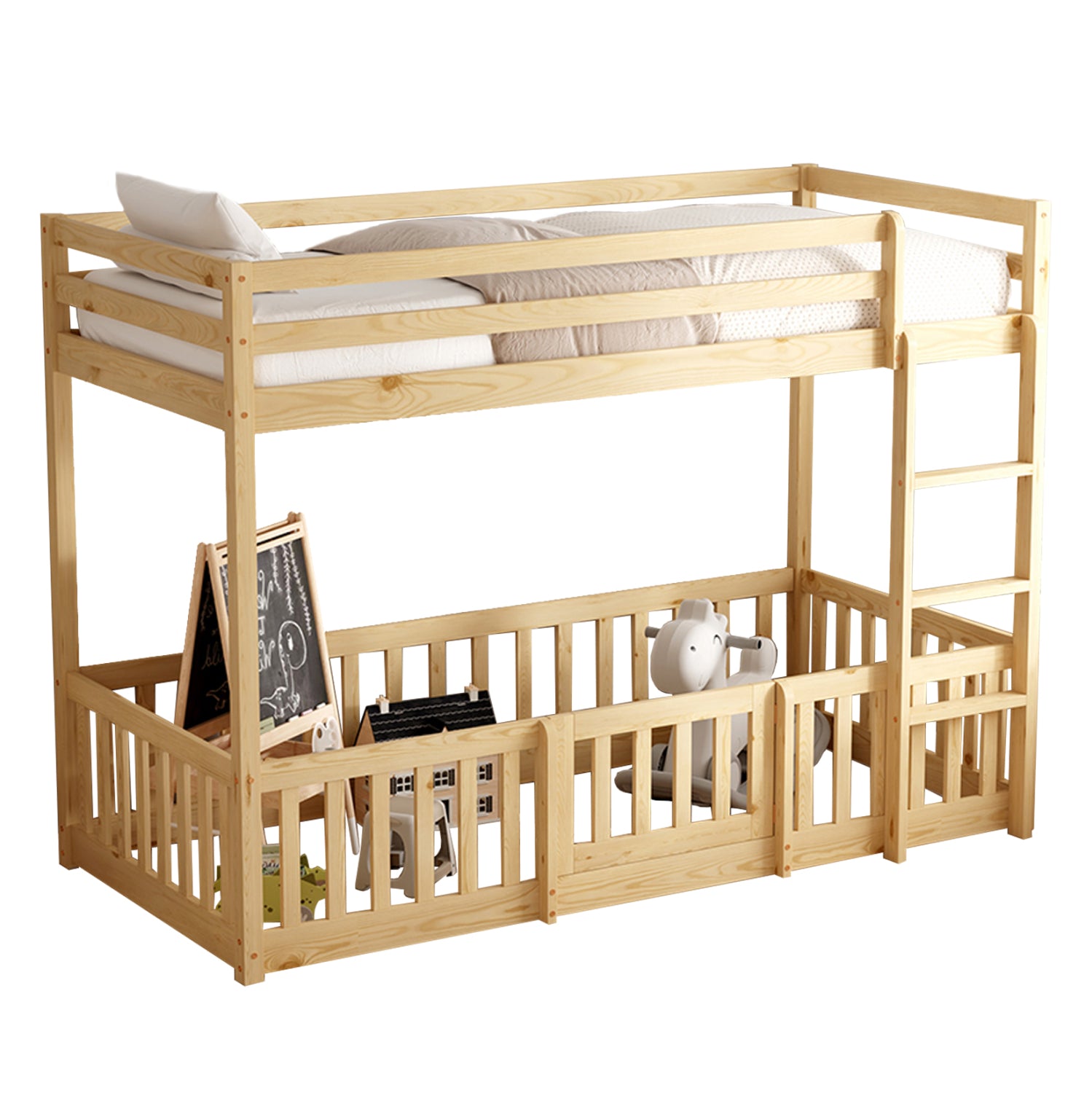 Детско двуетажно легло Montessori Playkid с детска площадка бор естествен за матрак 190x90 см.