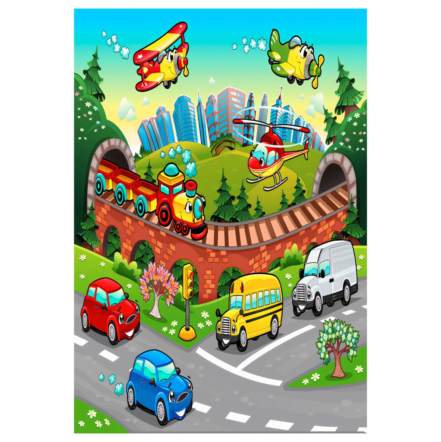 СЕРИЯ KIDDER 80x150см, детски килим с различни превозни средства, ресни