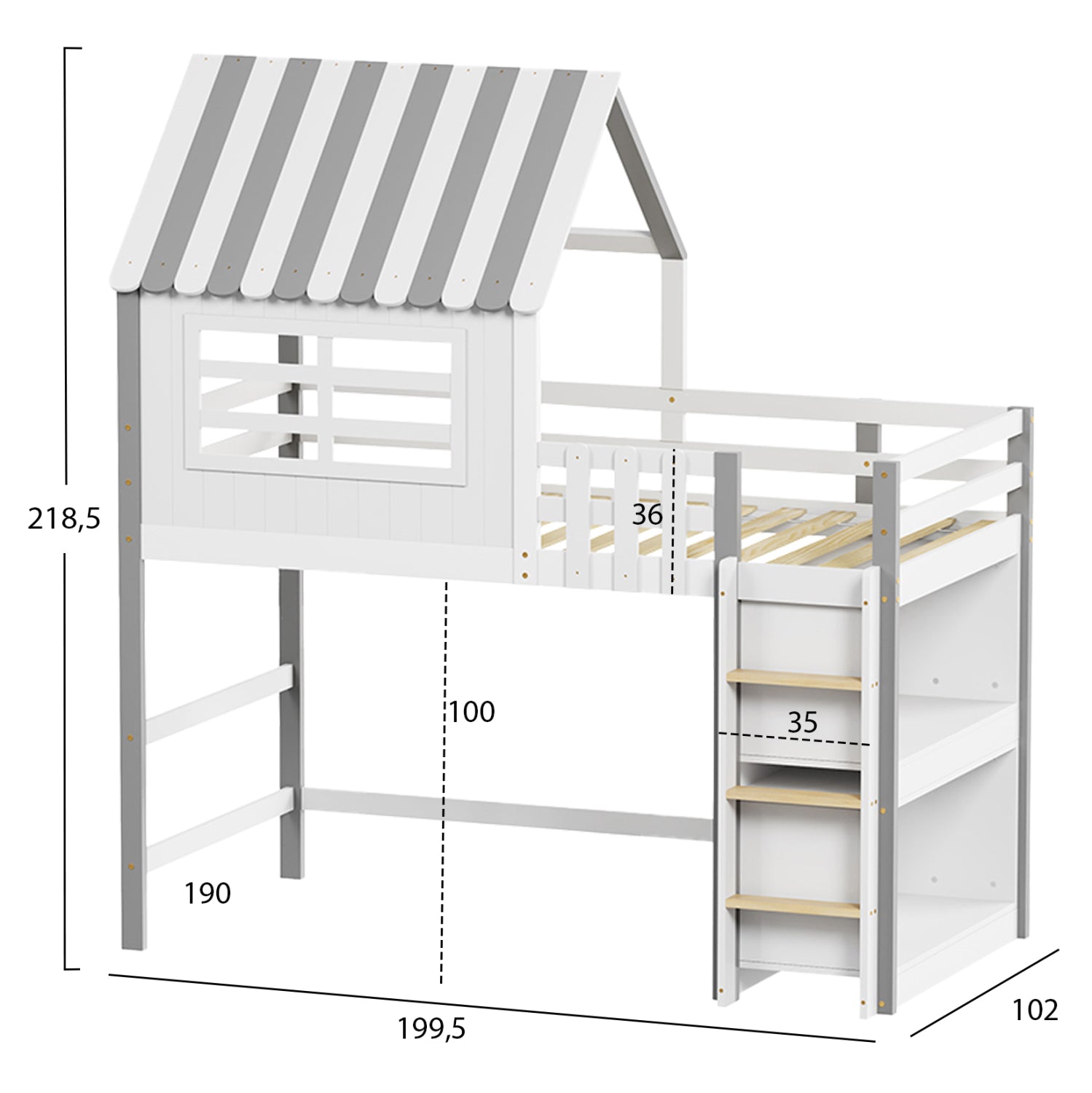 Детско легло t.MONTESSORI с рафтове HOMI борова дървесина в бяло-сиво за матрак 90x190cm.