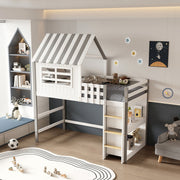 Детско легло t.MONTESSORI с рафтове HOMI борова дървесина в бяло-сиво за матрак 90x190cm.