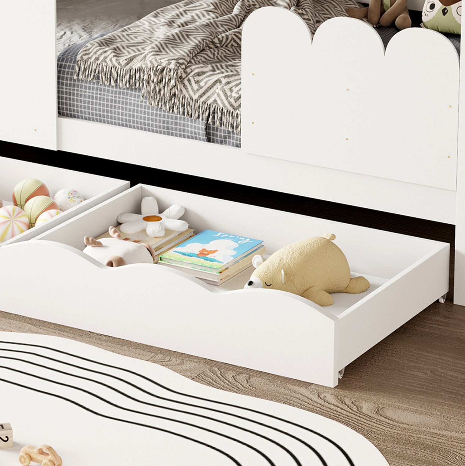 Детско легло t.MONTESSORI с 2 чекмеджета DOMER борова дървесина в бяло - матрак 90x190cm.
