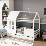 Детско легло t.MONTESSORI с 2 чекмеджета DOMER борова дървесина в бяло - матрак 90x190cm.