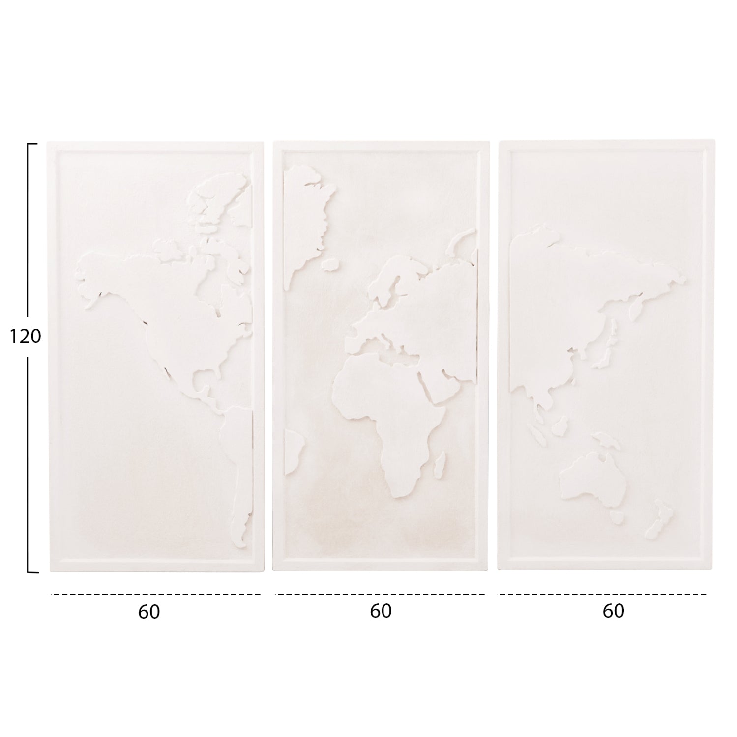 Трипанелна стенна картина карта на света SANTORINI MDF в цвят екрю 180x4(дебелина)x120Hсм.
