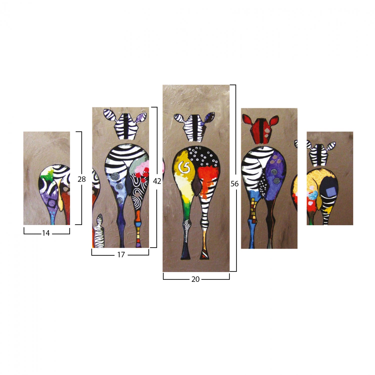 5 части MDF картина цветни зебри 82x56x3