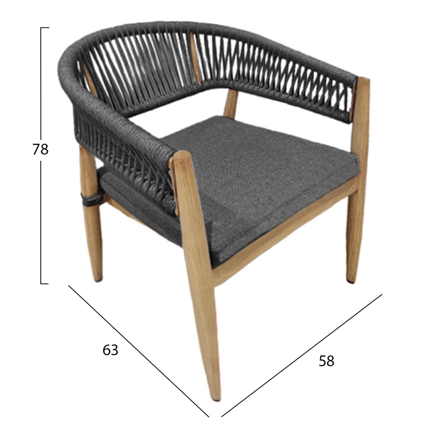 Трапезен стол с подлакътници LISTON алуминий с вид на бамбук--олефинова тъкан и въже в цвят въглен 58x63x78Hсм