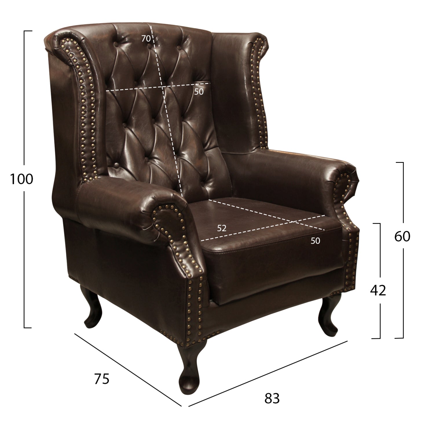 Фотьойл в стил Chesterfield, Polina, PU тъмнокафяв 83x75x107 см