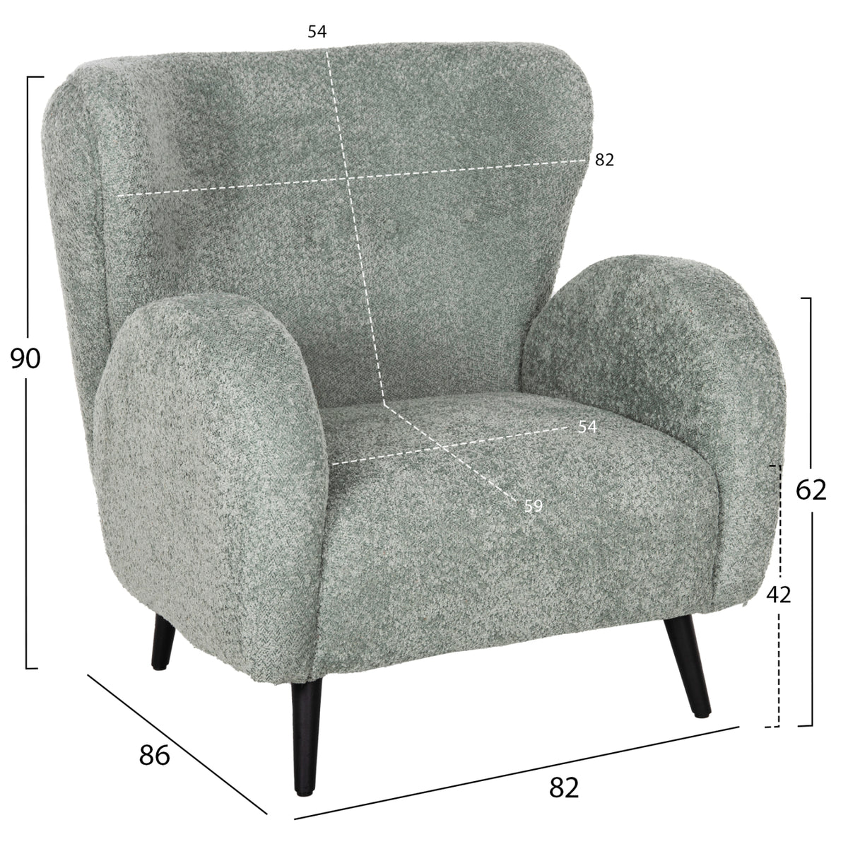 Фотьойл KRYLY букле плат зелен грах с черни дървени крака 83x87x89Hсм.