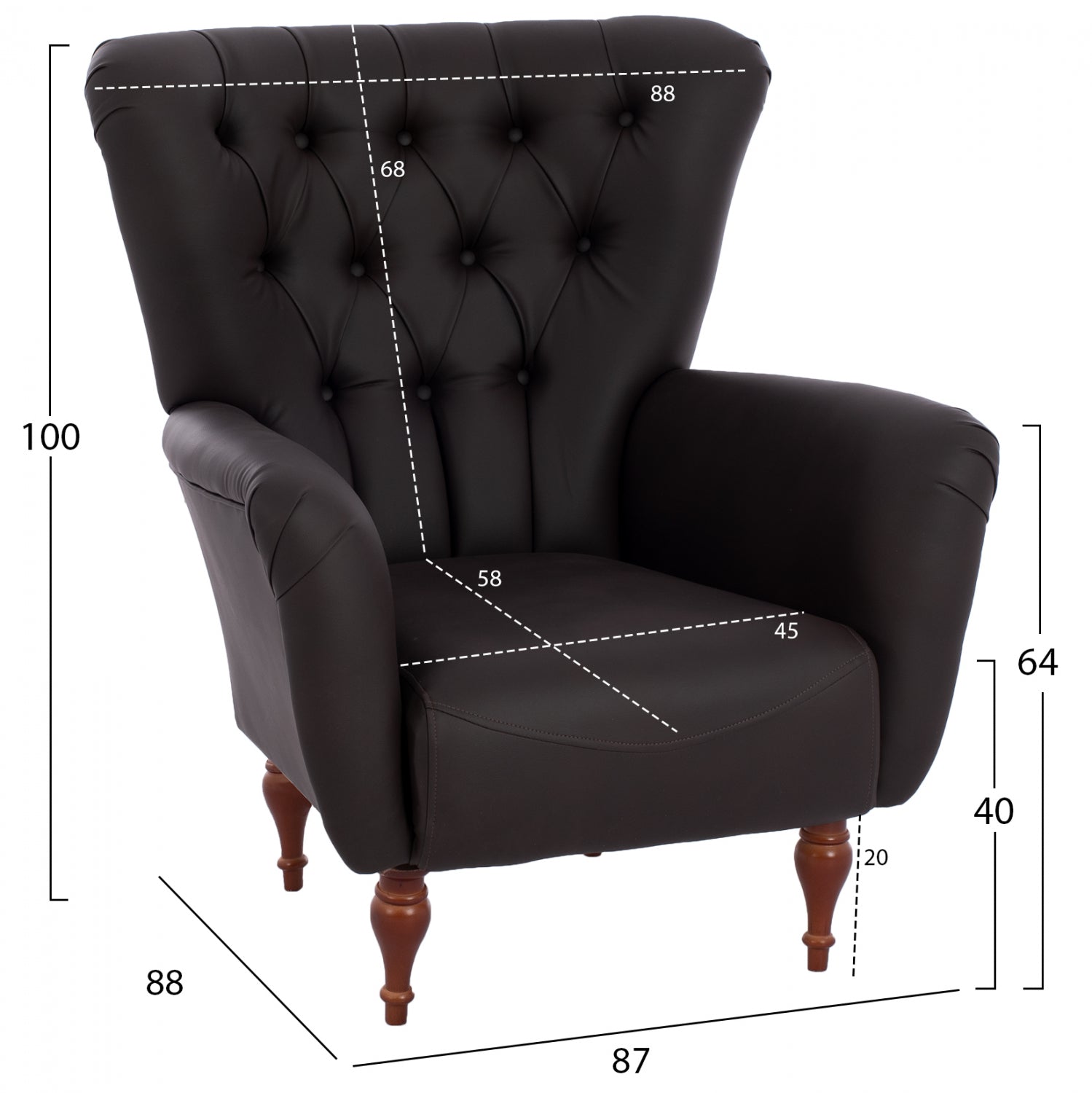 Тапициран фотьойл в стил Честърфийлд, кафяв PU, 87x88x100
