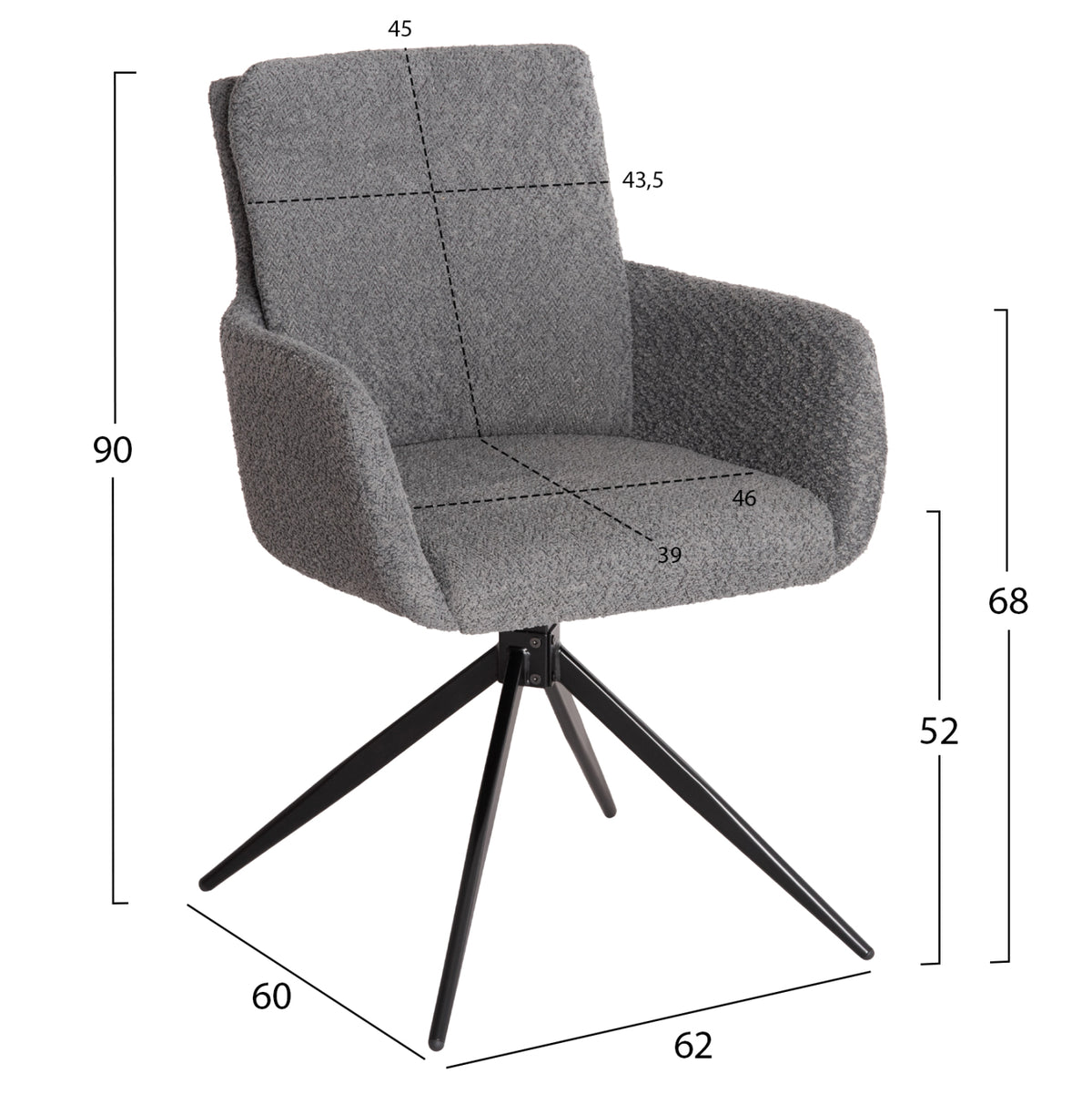 Въртящ се трапезен стол BLANS сива букле материя-метални крака 62x60x90Hcm.