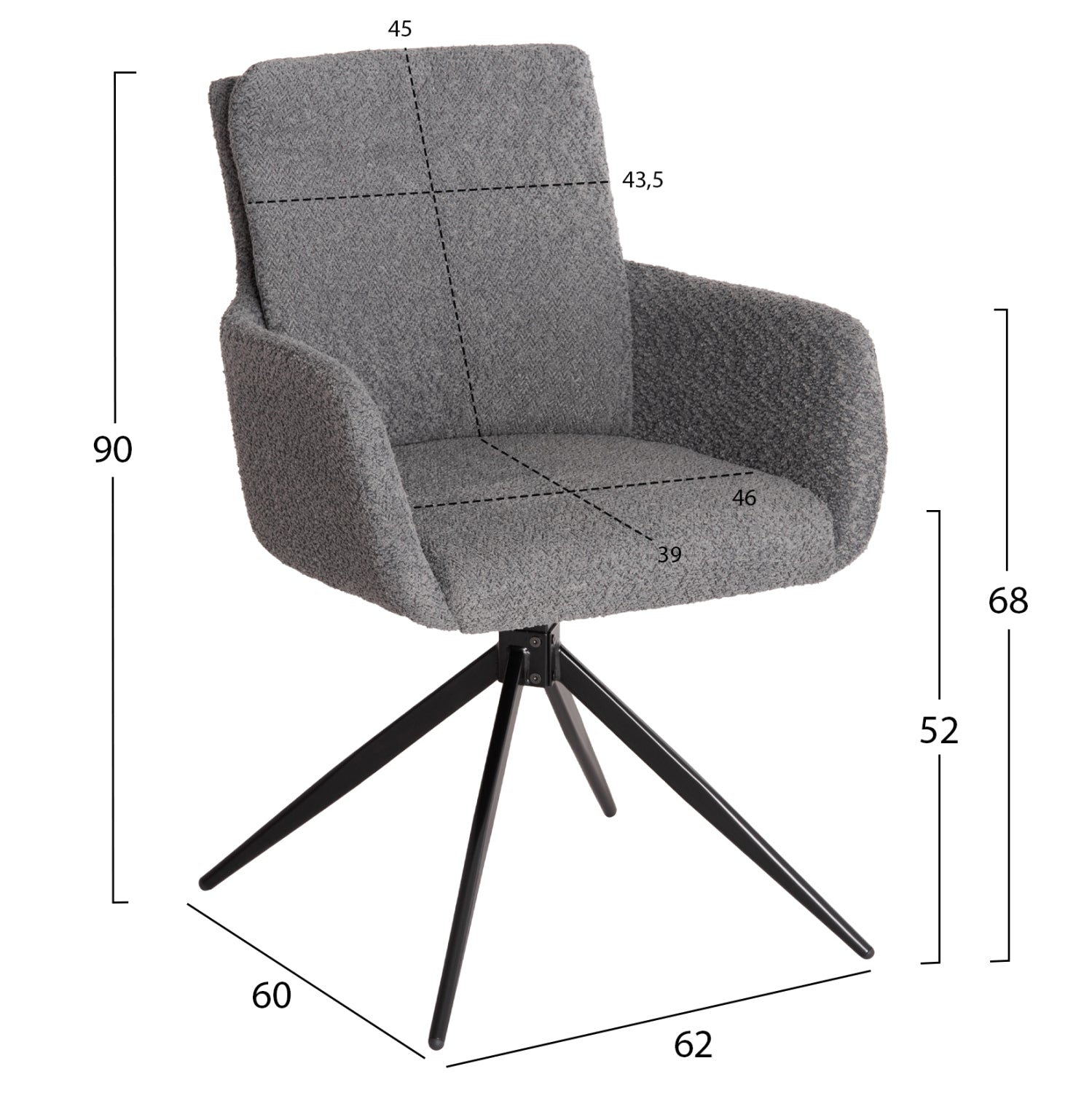 Въртящ се трапезен стол BLANS сива букле материя-метални крака 62x60x90Hcm.