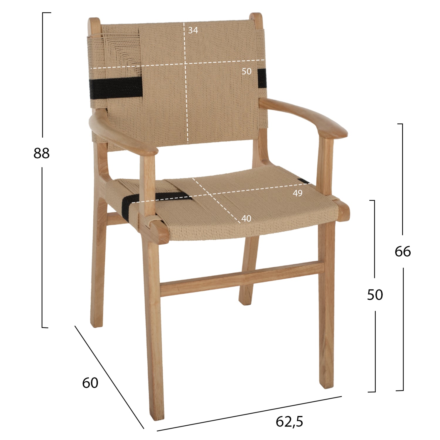 Тапициран стол Band гумено дърво и въже 62,5x60x88Hcm.