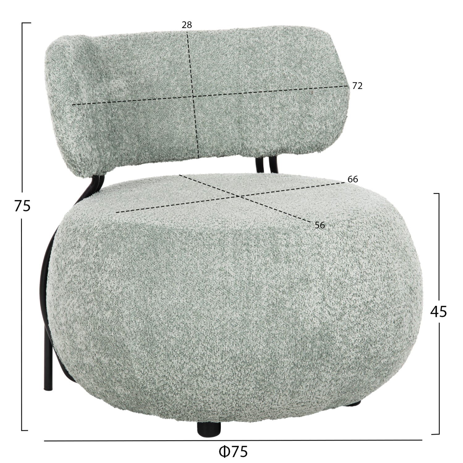 Кръгъл лаундж стол KARSEN шам-фъстък зелен букле плат 75x75x75Hcm.