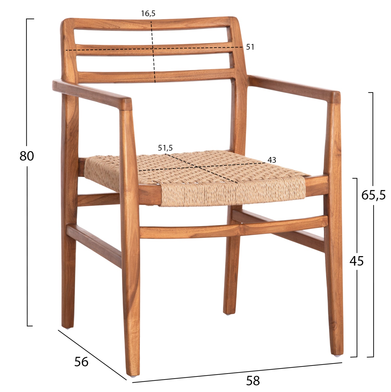 Трапезен фотьойл HERRIN тиково дърво-виро въже 58x56x80Hсм.