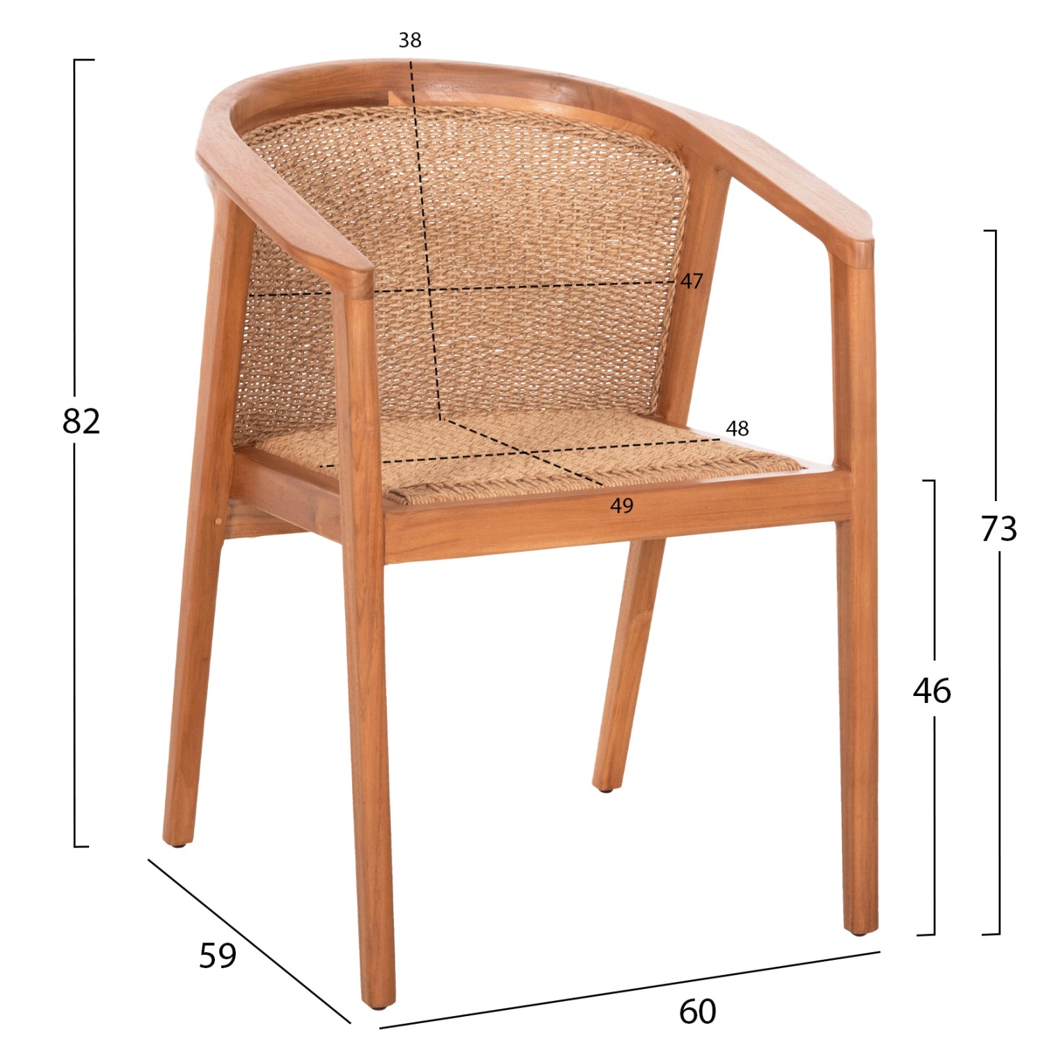 Трапезен стол RENLY от тиково дърво с естествено въже VIRO 60x59x82Hcm