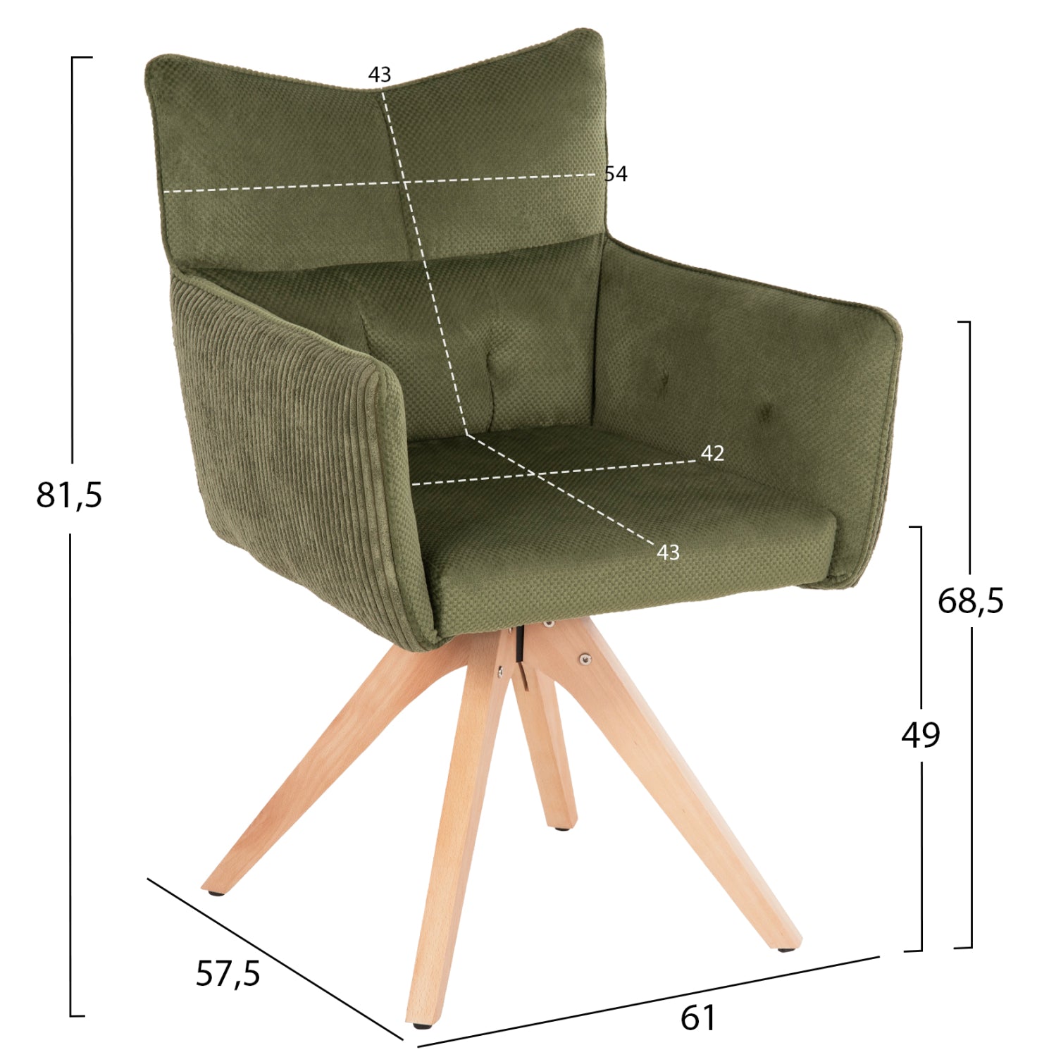 Трапезен стол с подлакътници QUILL зелен плат - крака от бук 61x57,5x91Hсм.