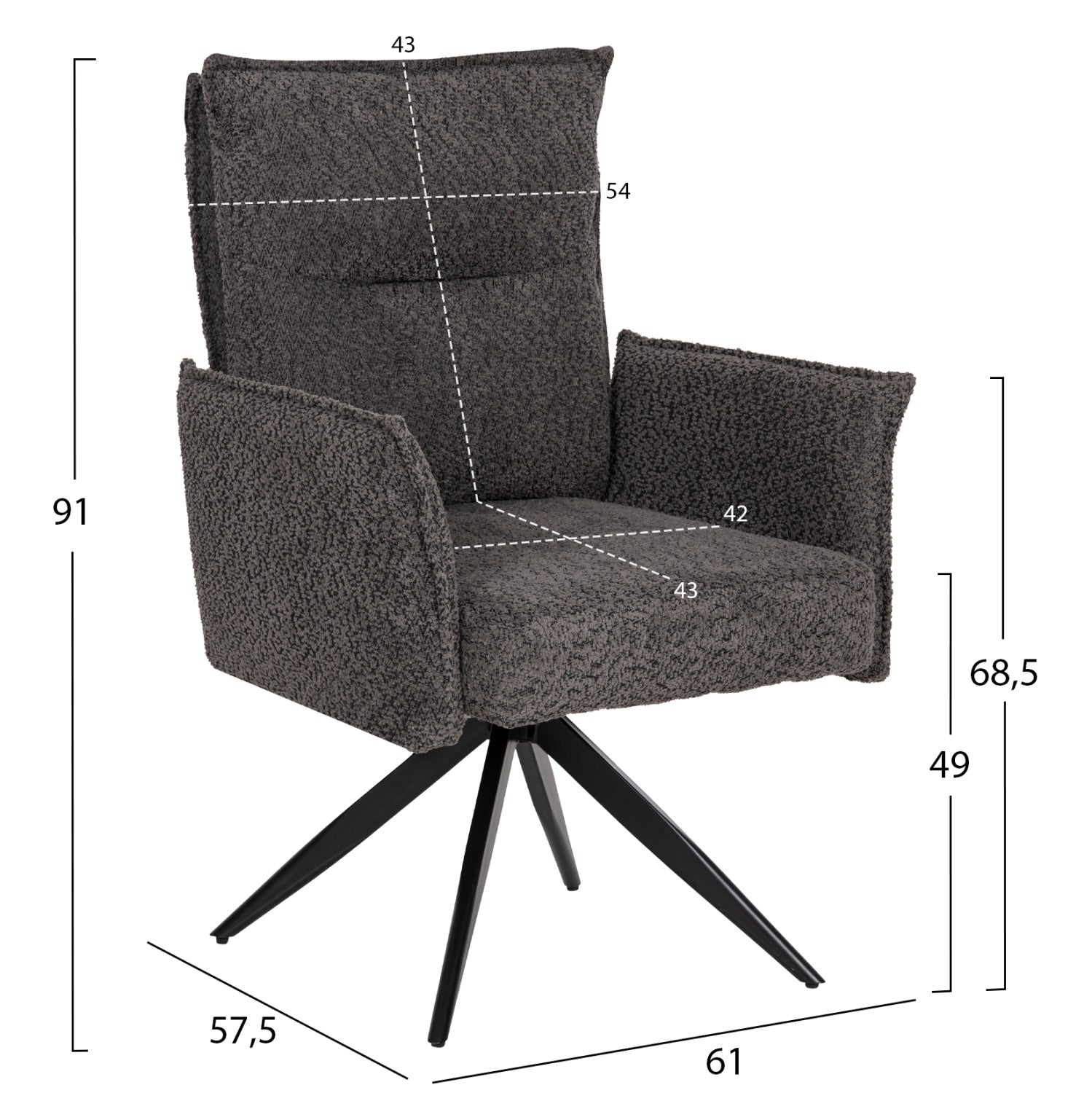 Трапезен стол с подлакътници ZORIN сив плат - черна метална основа 64x66x94,5Hсм.