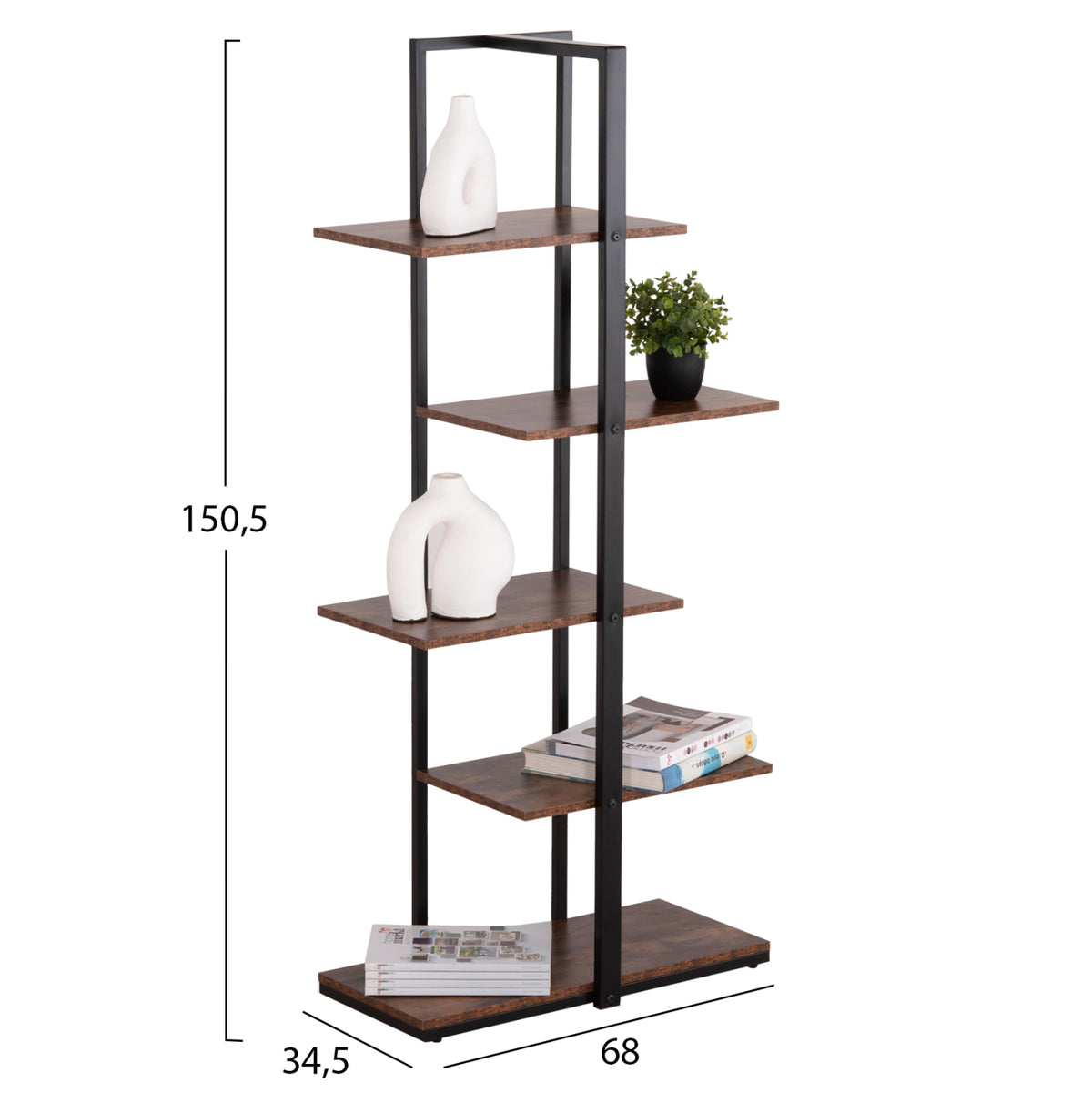 ЕТАЖЕРКА OMNI ЧЕРНА МЕТАЛНА РАМКА-МЕЛАМИН В ОРЕХ 68x34.5x150.5Hсм.