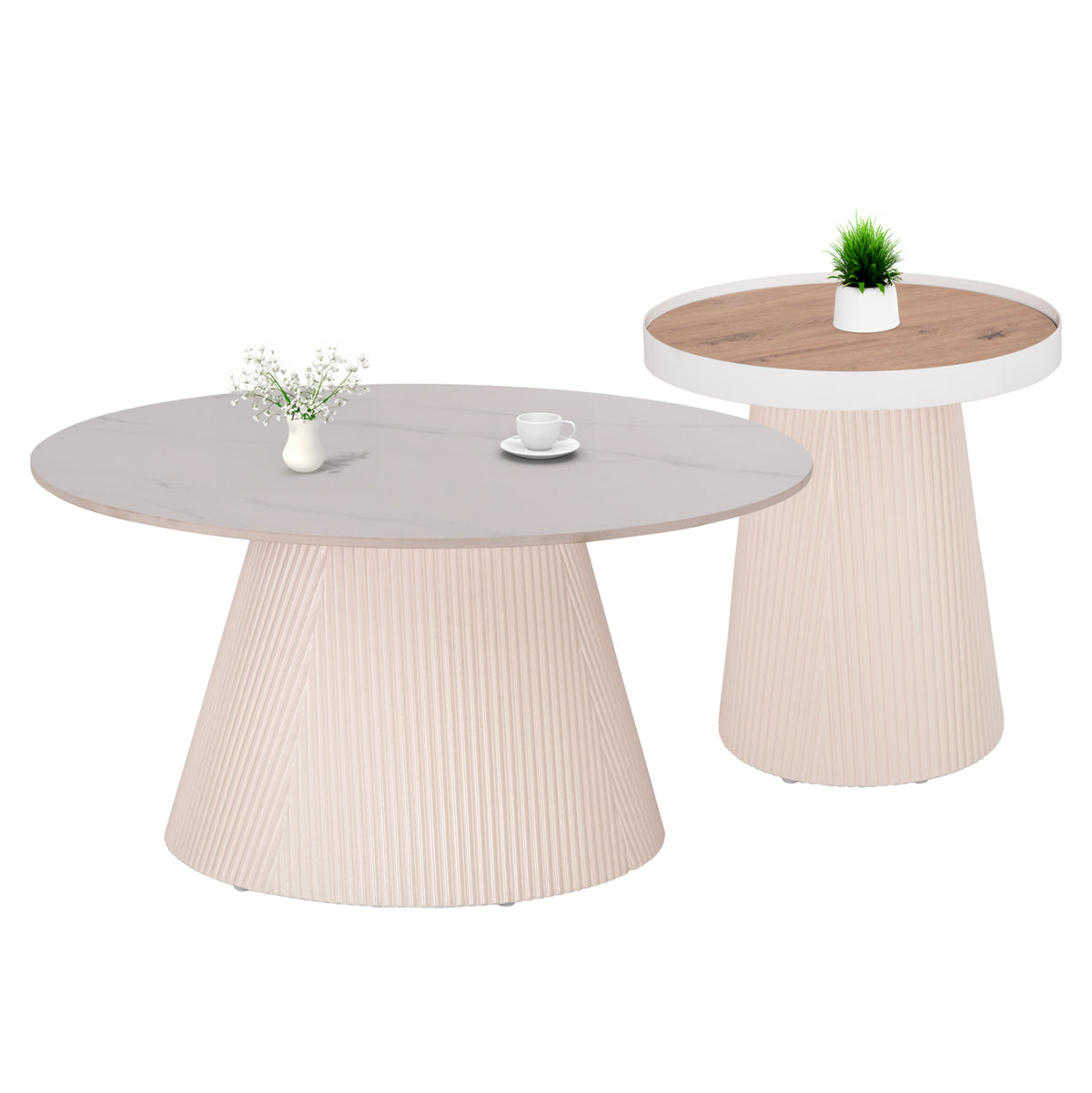 ХОЛНИ МАСИ 2 ЧАСТИ DUNCAN MDF В ЦВЯТ КРЕМАВО БЯЛО И КЕРАМИЧЕН ПЛОТ Φ80cm & Φ45cm