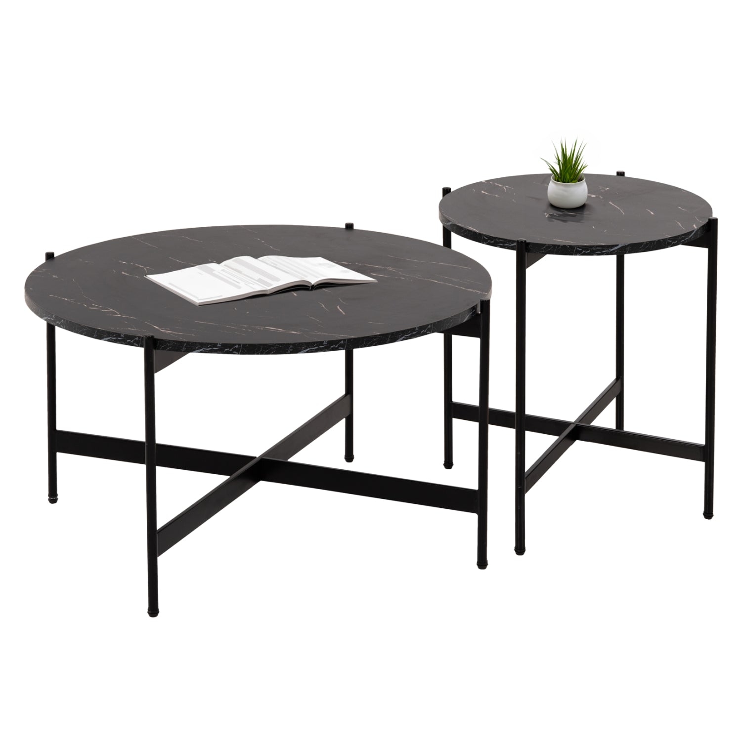 Комплект 2 броя маси за кафе RONDA MDF черен мраморен цвят Φ80cm & Φ50cm