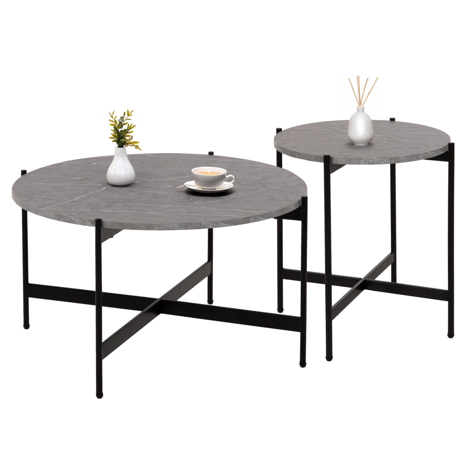 Комплект 2 броя маси за кафе RONDA MDF сив мраморен цвят Φ80cm & Φ50cm