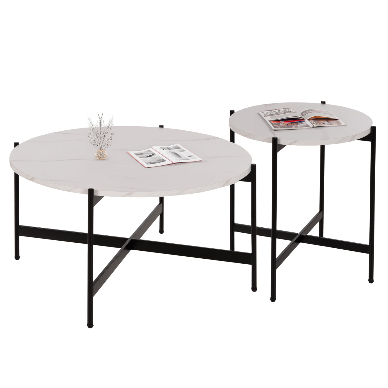 Комплект 2 броя маси за кафе RONDA MDF бял мраморен цвят Φ80cm & Φ50cm