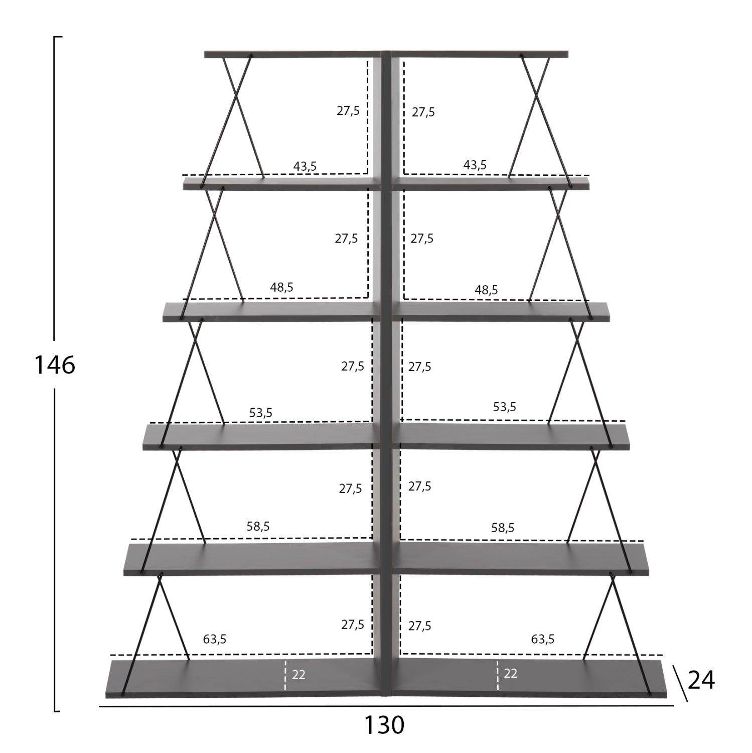 БИБЛИОТЕКИ 2БР КОМПЛЕКТ MINI TARS МЕЛАМИН СИВ ЦВЯТ-ЧЕРНИ МЕТАЛНИ ЩАНГИ 65x24x146Hсм.(x2)