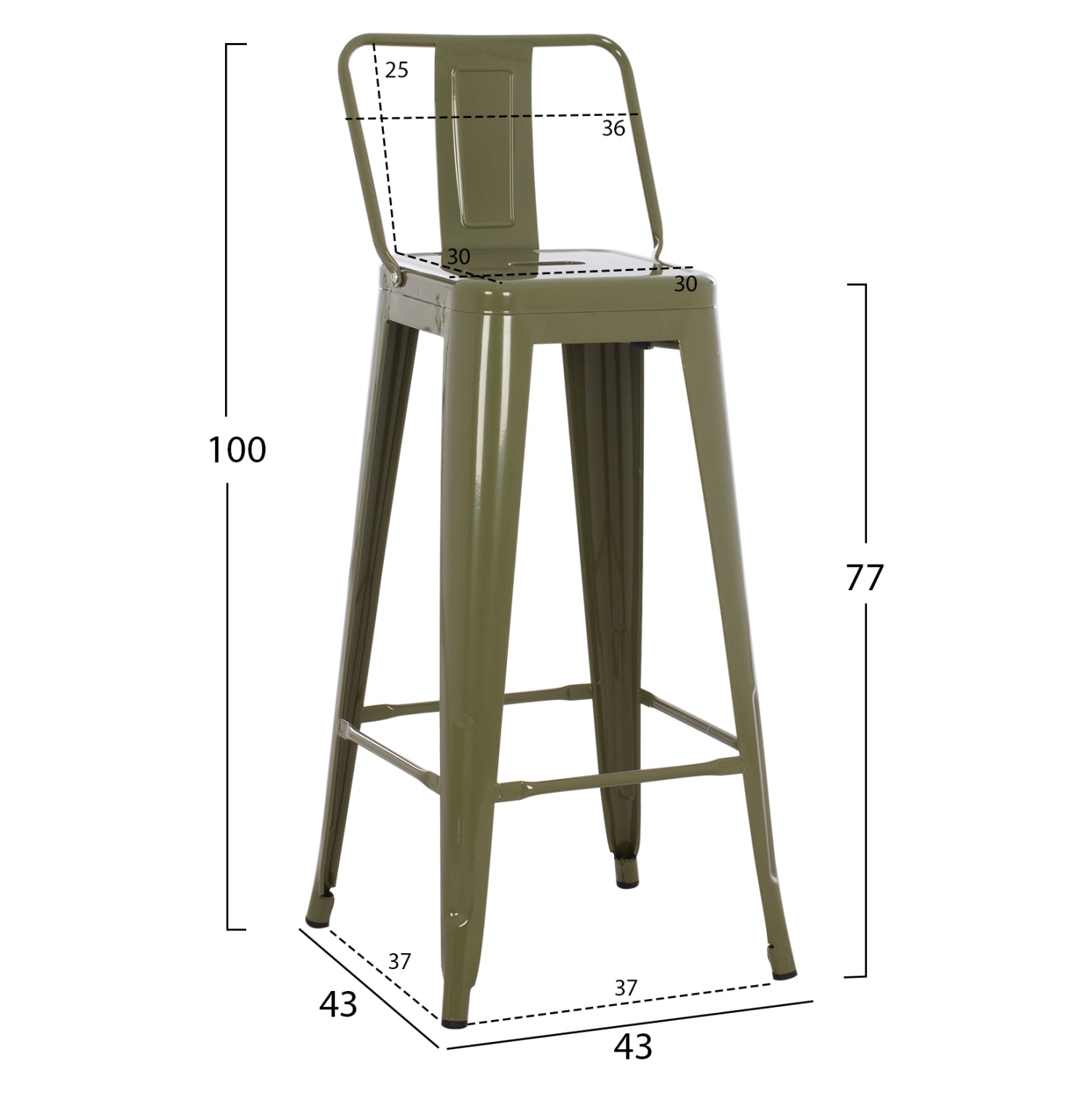 Бар стол с облегалка MELITA-PRO метал тъмнозелен маслинен 42x42x100Hсм.