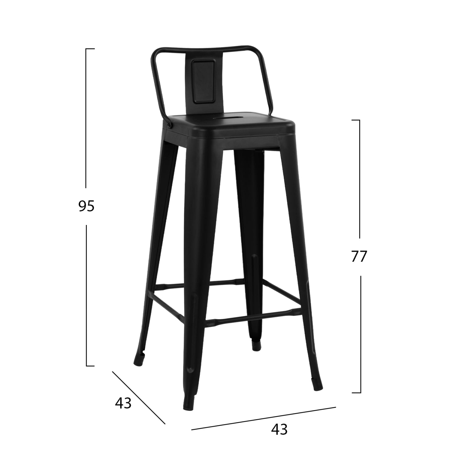 Бар стол Metallic Melita с облегалка Черен мат 43x43x95см