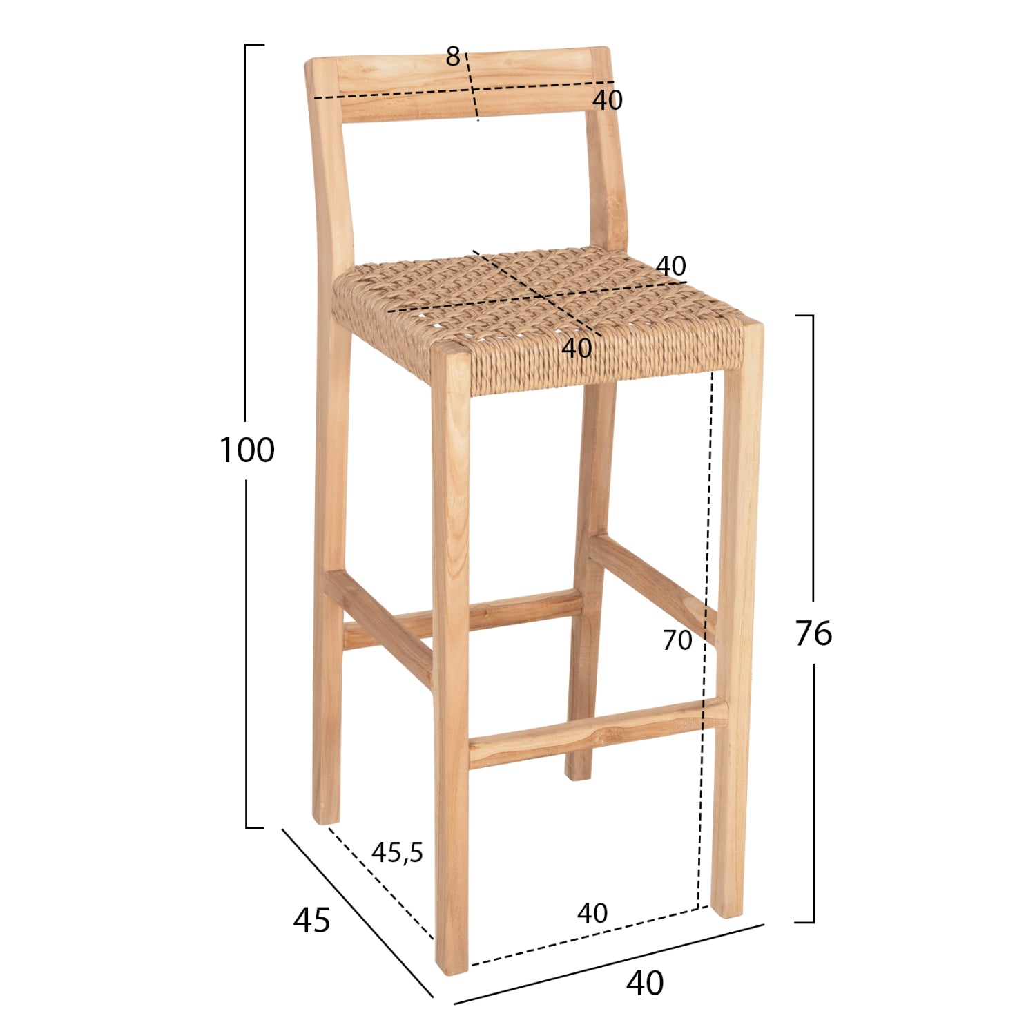 Бар стол с облегалка Plered тиково дърво и виро въже 40x45x100Всм.
