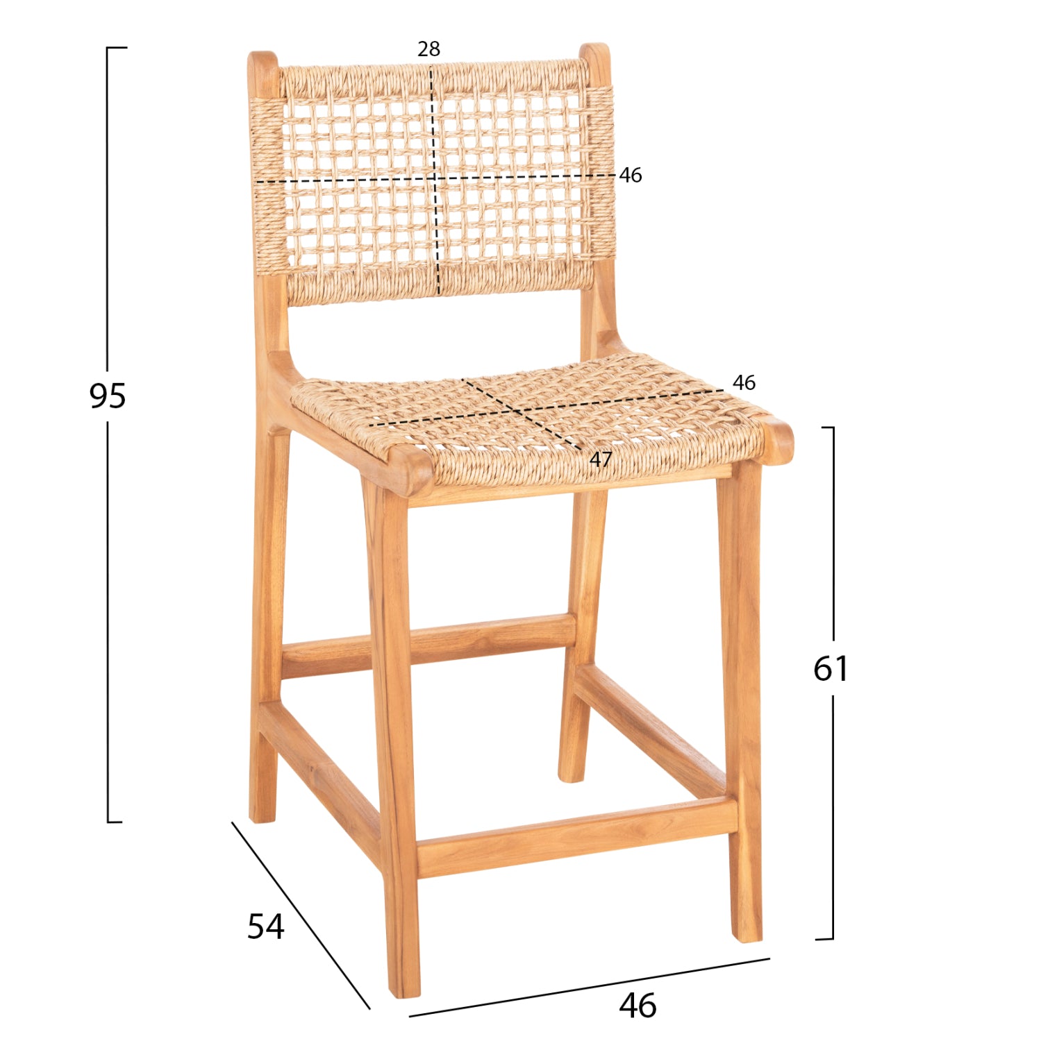 БАР СТОЛ С ПОДДРЪЖКА NESHA ТИКОВА ДЪРВЕСИНА И ВЪЖЕ VIRO 46x48.5x96H см.